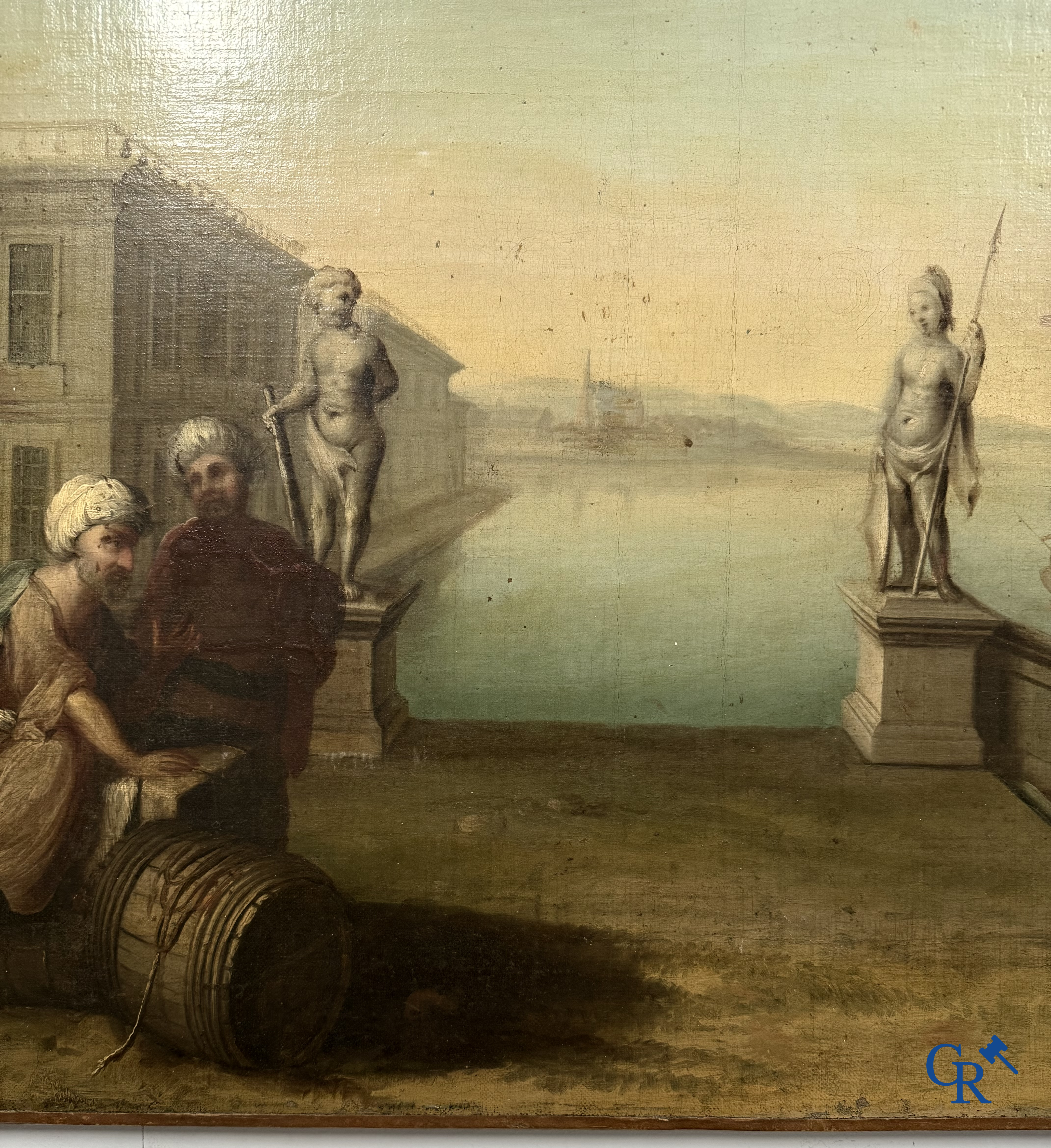 Painting. Harbour view with a Dutch flagship. Oil on canvas, 18th century.