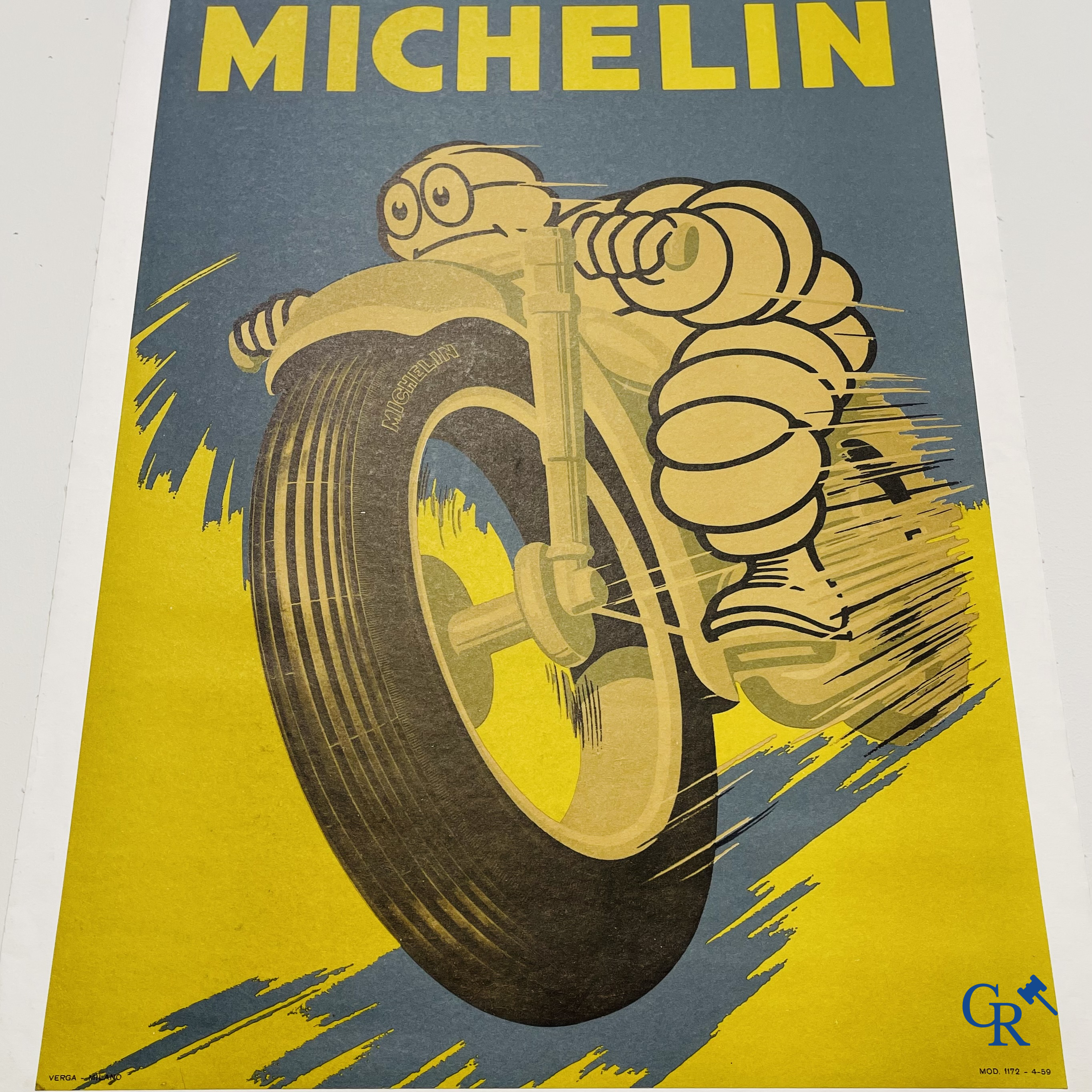 Michelin, original poster for Michelin motorcycle tyres, in aluminium frame. Verga-Milano 1959.