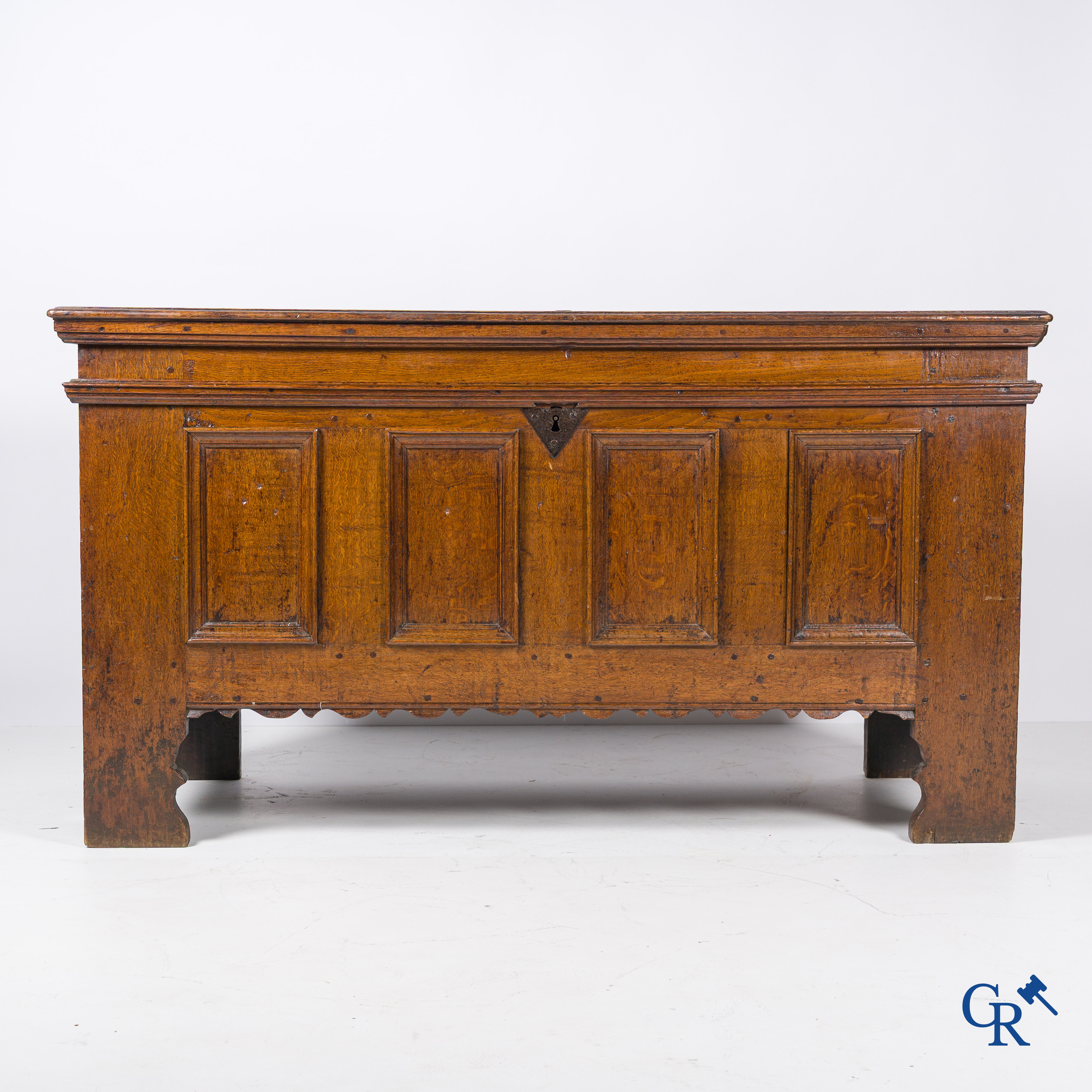 Oak trunk with original wrought iron lock work. Beautiful patina. 18th century.