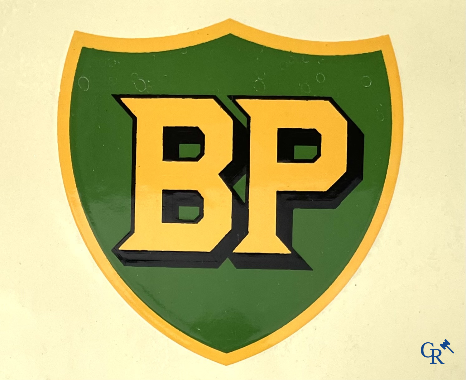 BP Motor Oil. An enamel advertising sign with integrated thermometer for BP motor oil. Emaillerie Belge. 1950's.