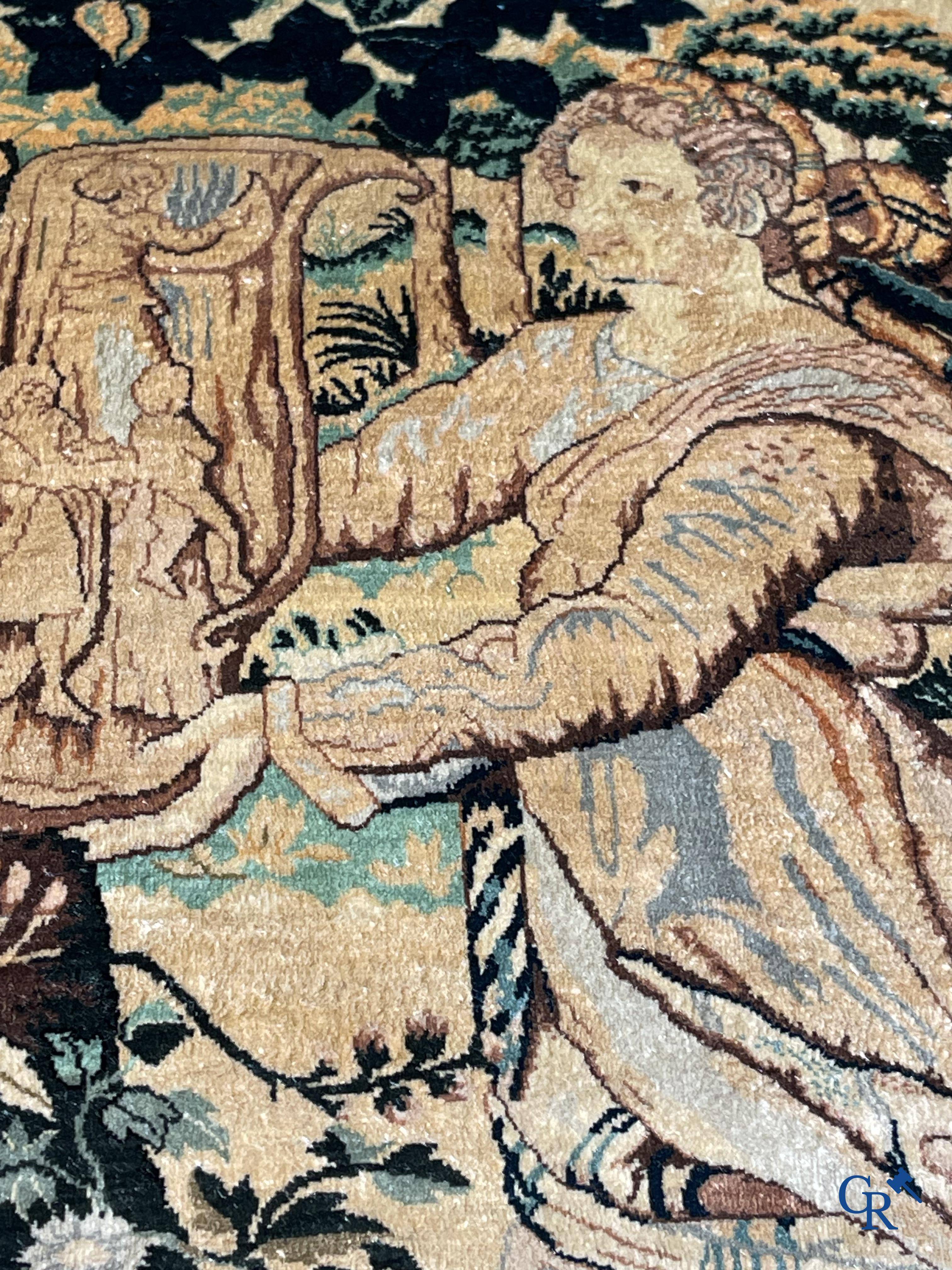 Oriental carpets, a finely knotted silk tapestry with Renaissance scenes. Signed.