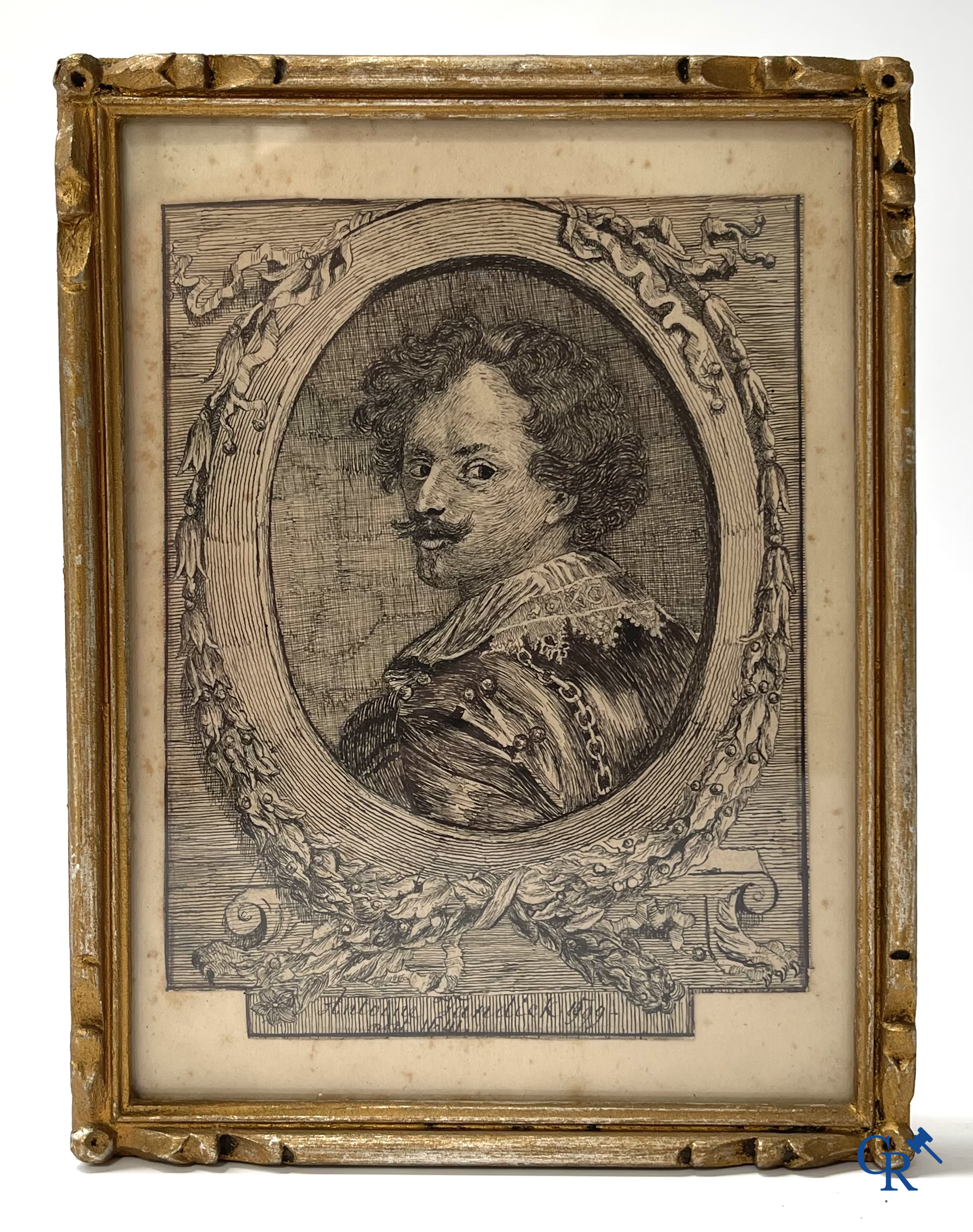 A pair of portrait paintings after Rembrandt Van Rijn, oil on panel, 2 portrait pen drawings attached. 19th century.