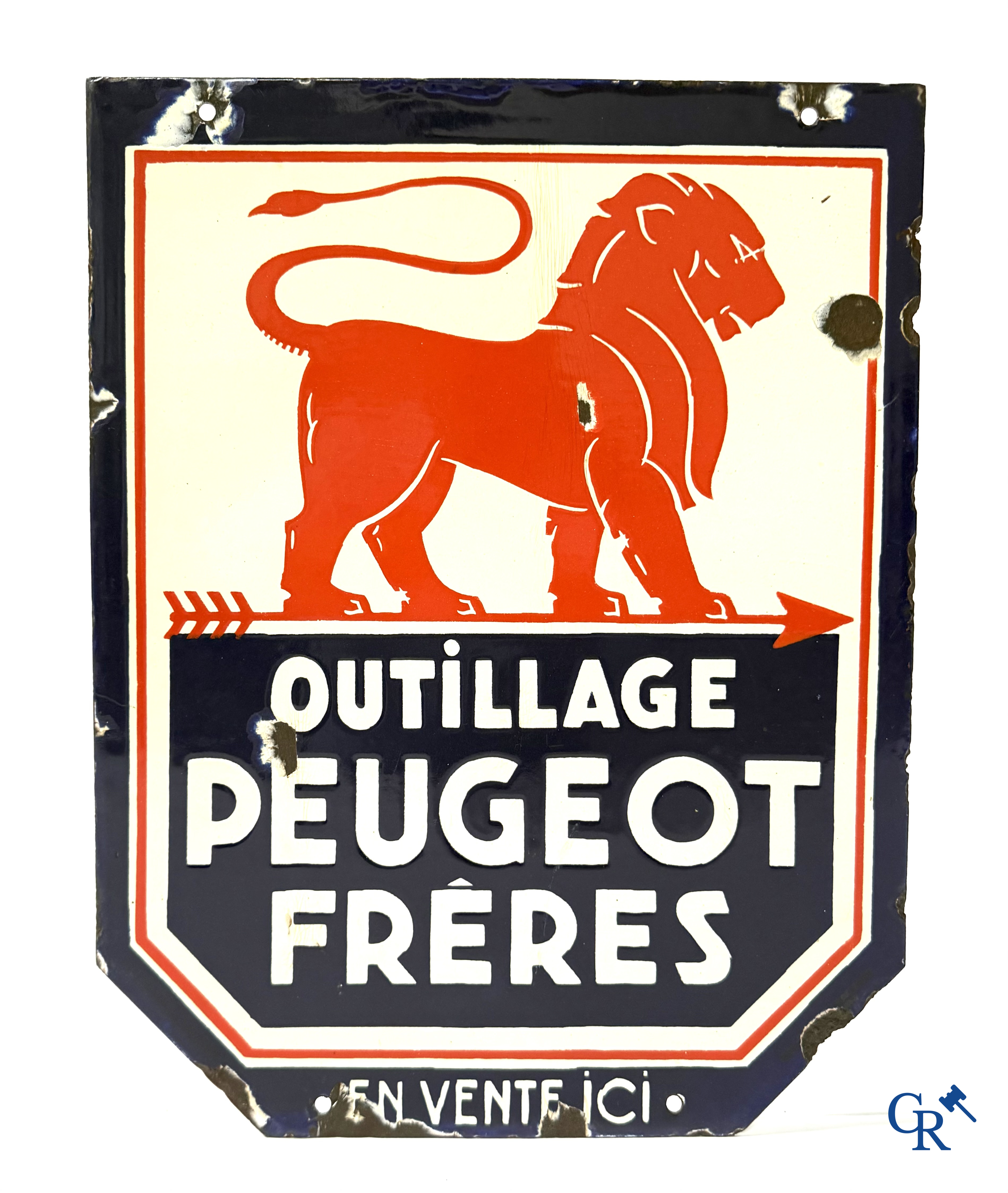 Peugeot frères, dubbelzijdig geëmailleerd uithangbord voor Peugeot. 30er jaren.