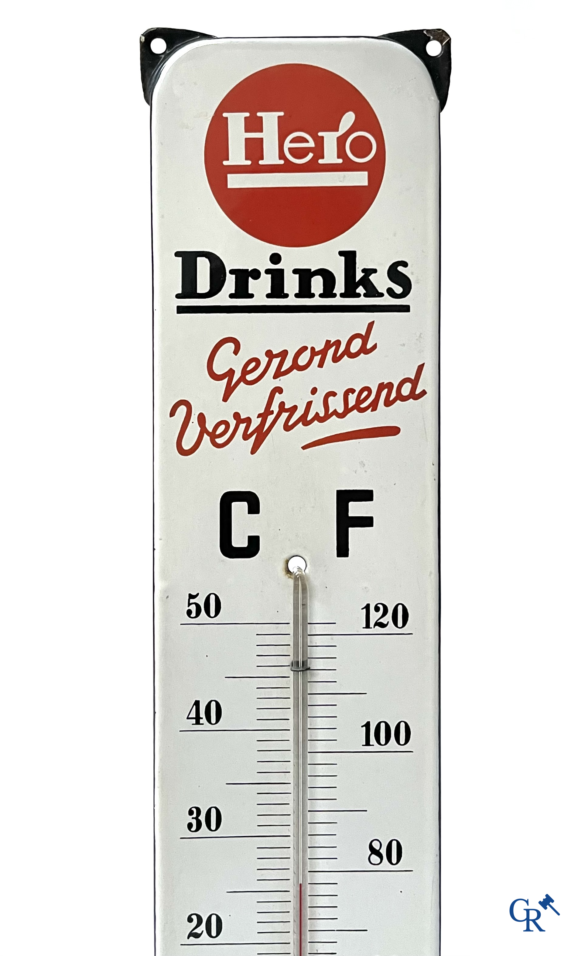 Hero Drinks, "Healthy Refreshing" Enamel advertsing sign with thermometer for Hero Drinks. Langcat Bussum.