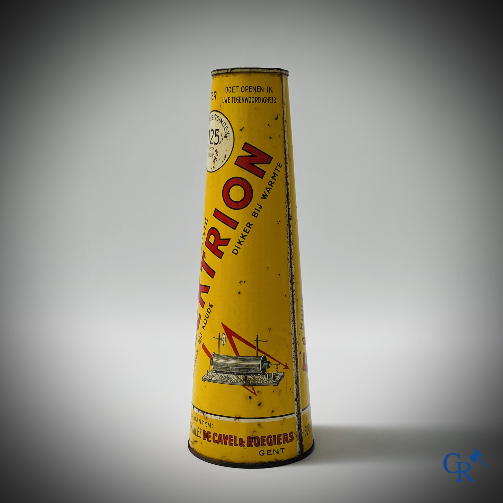 Elektrion, conisch olieblik 1 Liter. Société des Huiles De Cavel & Roegiers S.A. Gand. Ets. J.B. Gabriels Bruxelles.