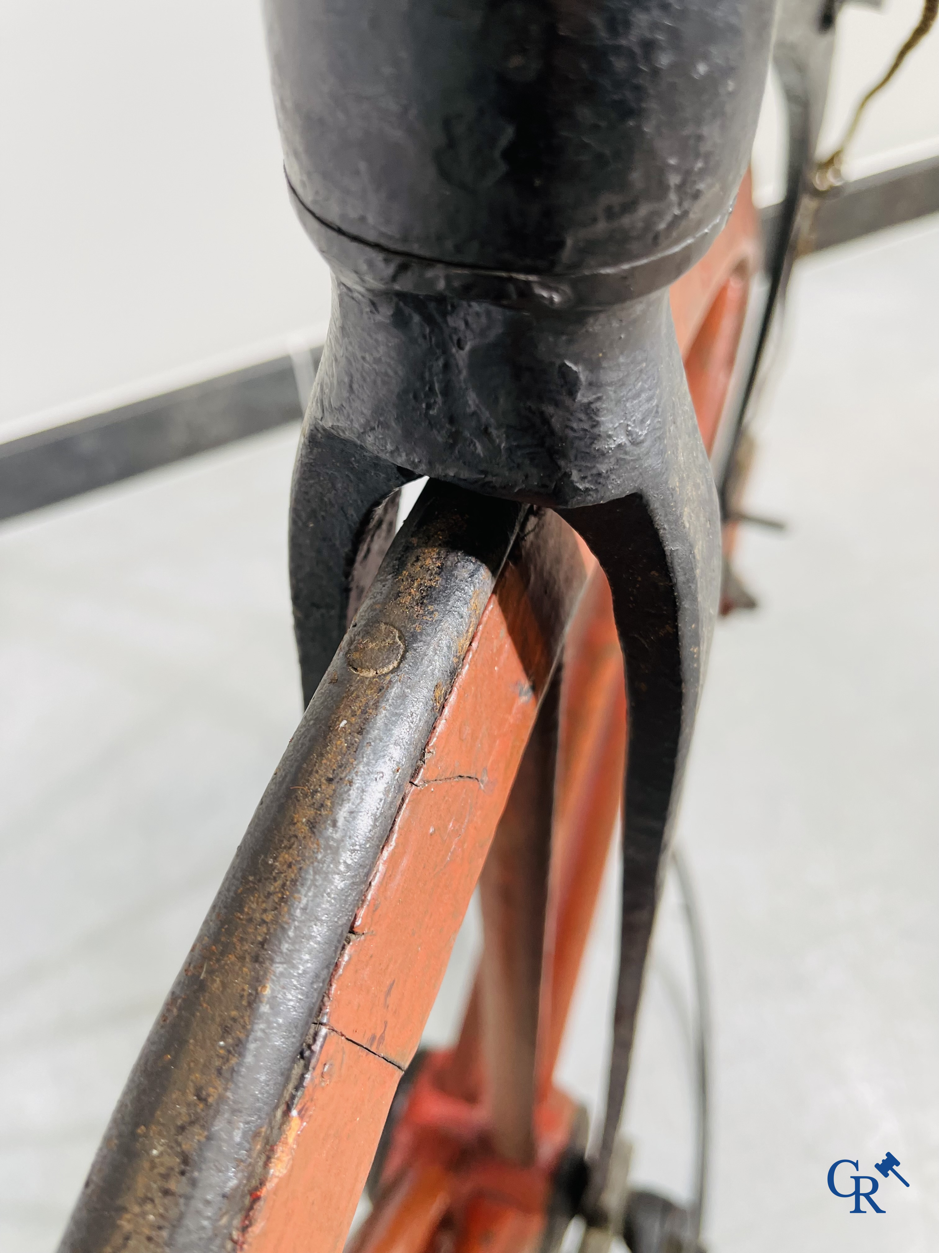 Penny-farthing with wooden spoked wheels on the original wrought iron upright. Circa 1880.