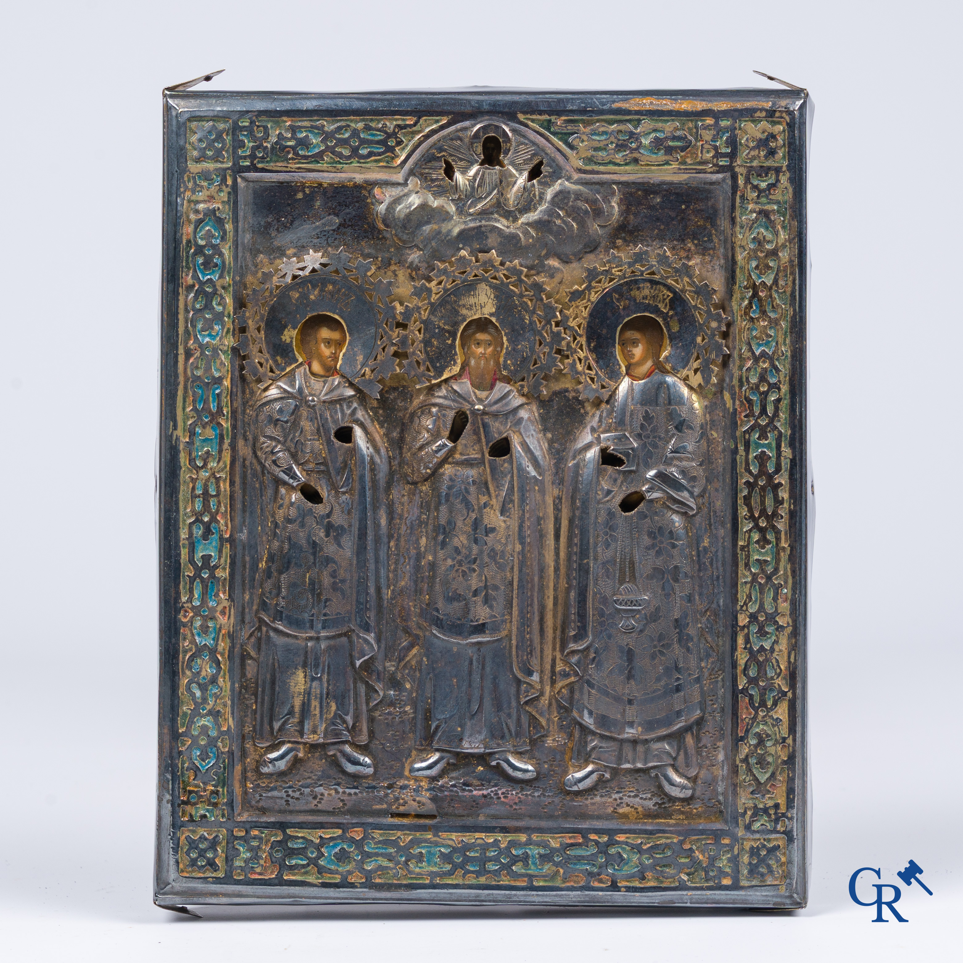 Russisch werk. Een icoon met oklad in zilver 84, tempera op hout. Gedateerd 1894. Keurmerken.