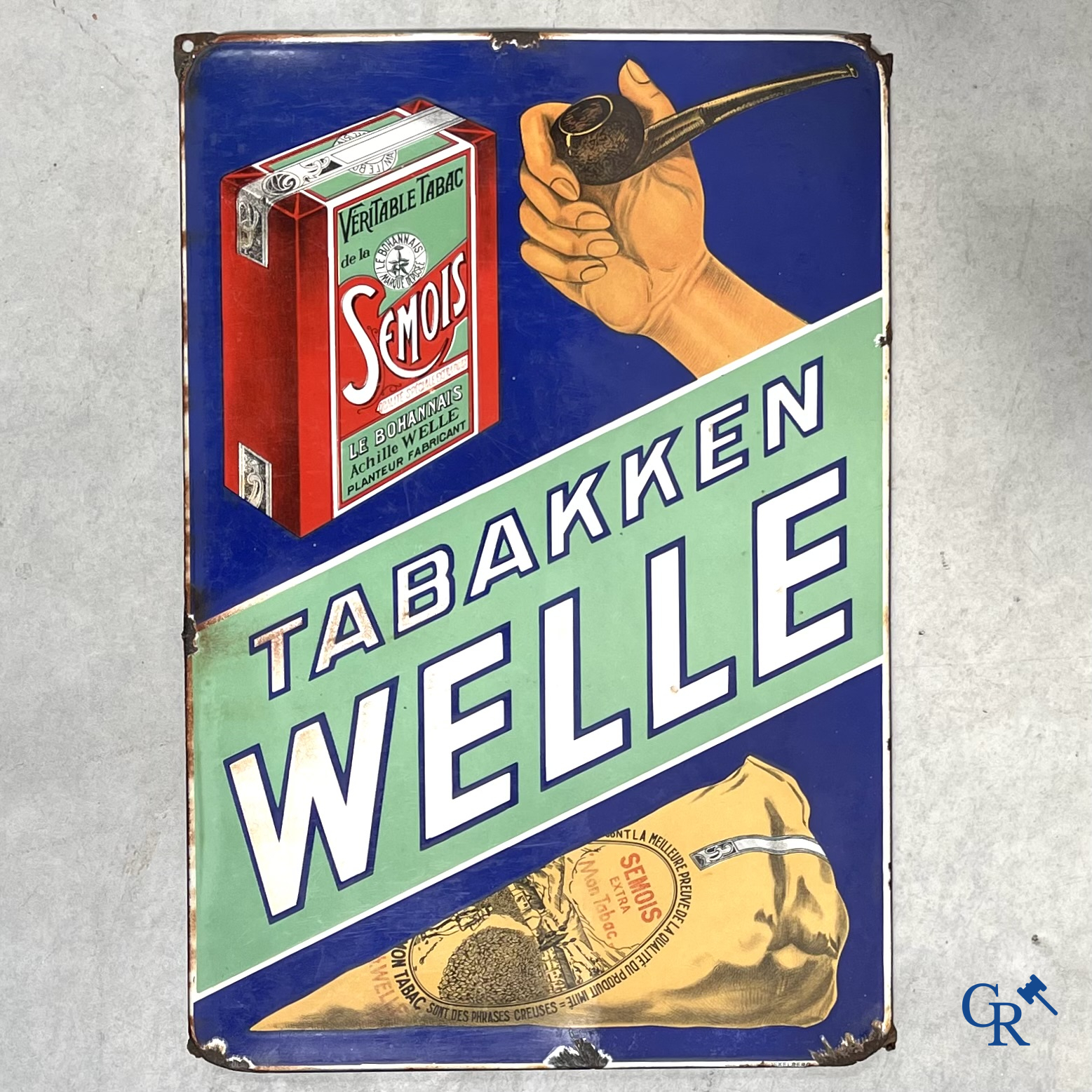 Tabacs Welle, enamel advertising sign for the tobacco of Achille Welle, Véritable Tabac de la Semois.