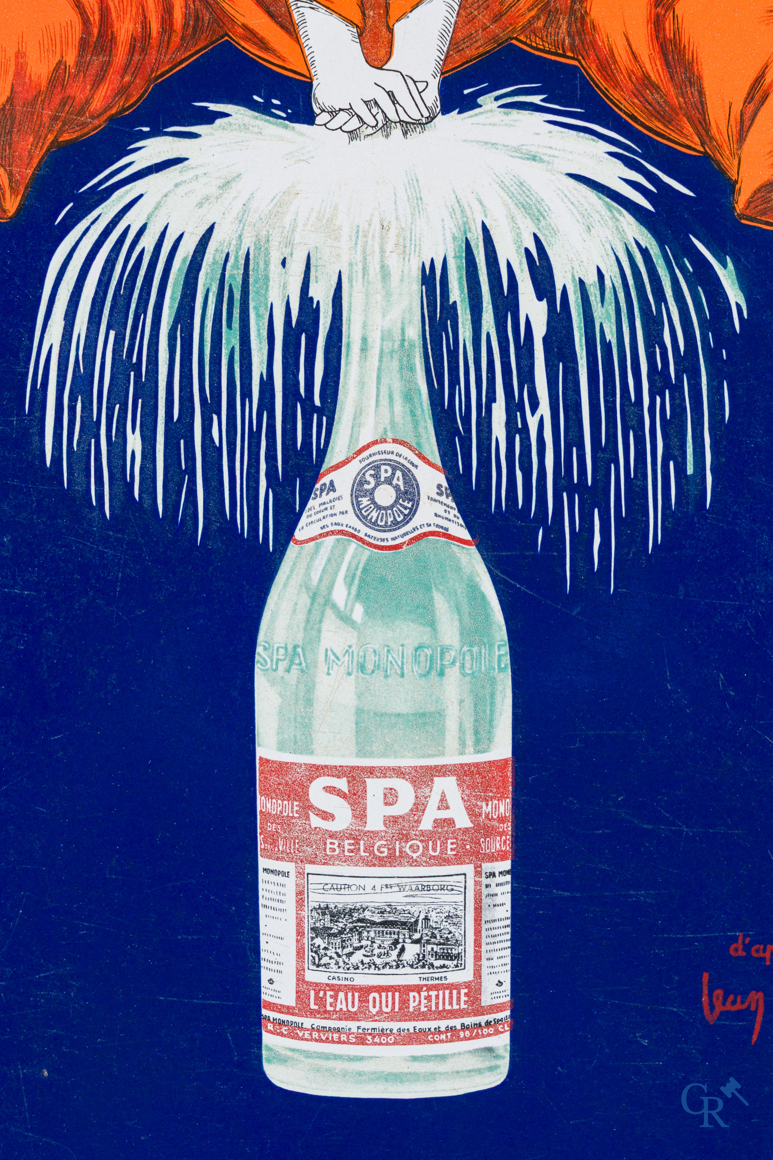 Spa Monopole, plaque émaillée publicitaire représentant "Pierrot" après un dessin de Jean D'Ylen. 1950.