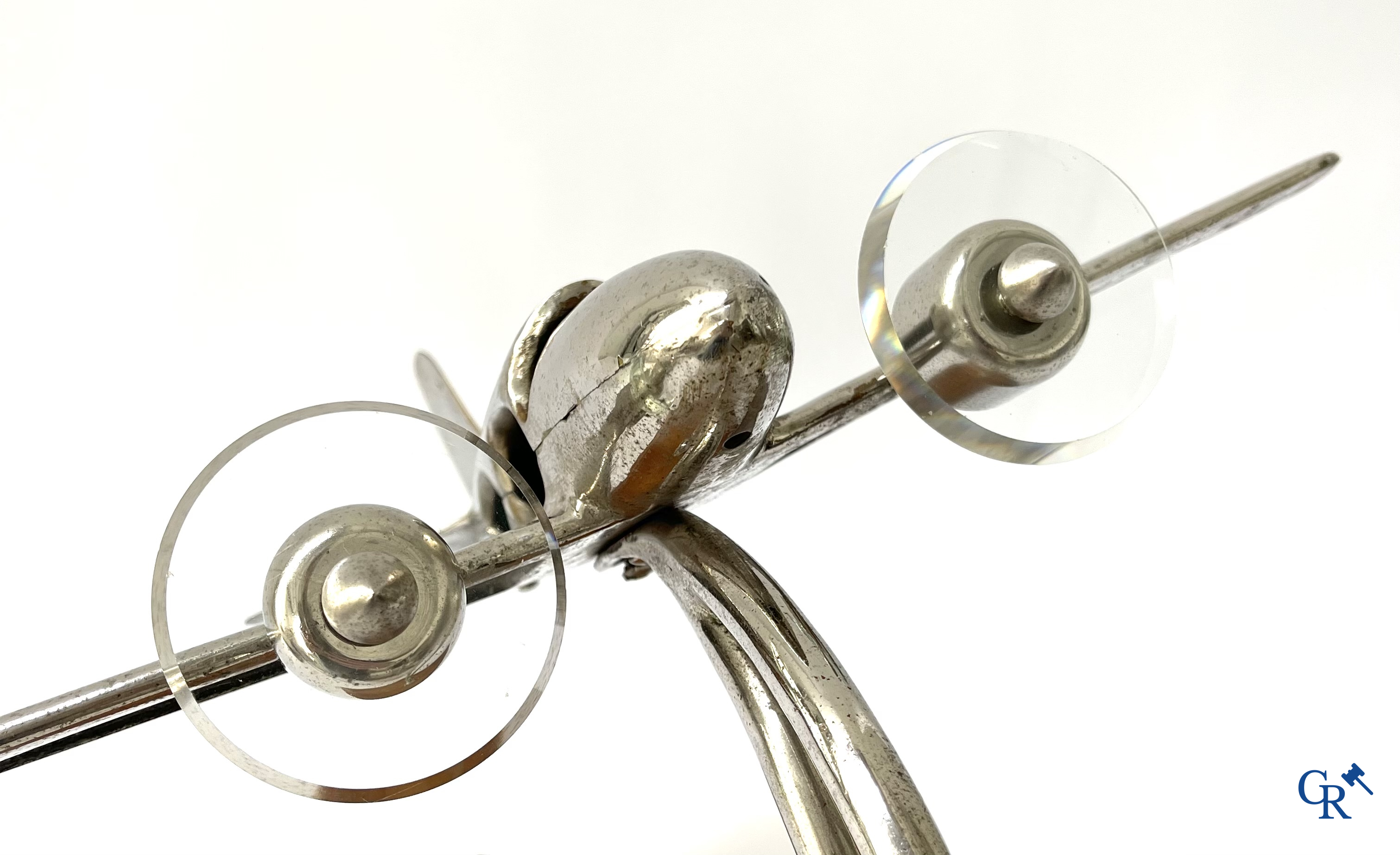 Art Deco, a large model of an aircraft taking off in chrome-plated bronze and glass propellers. 1930's.