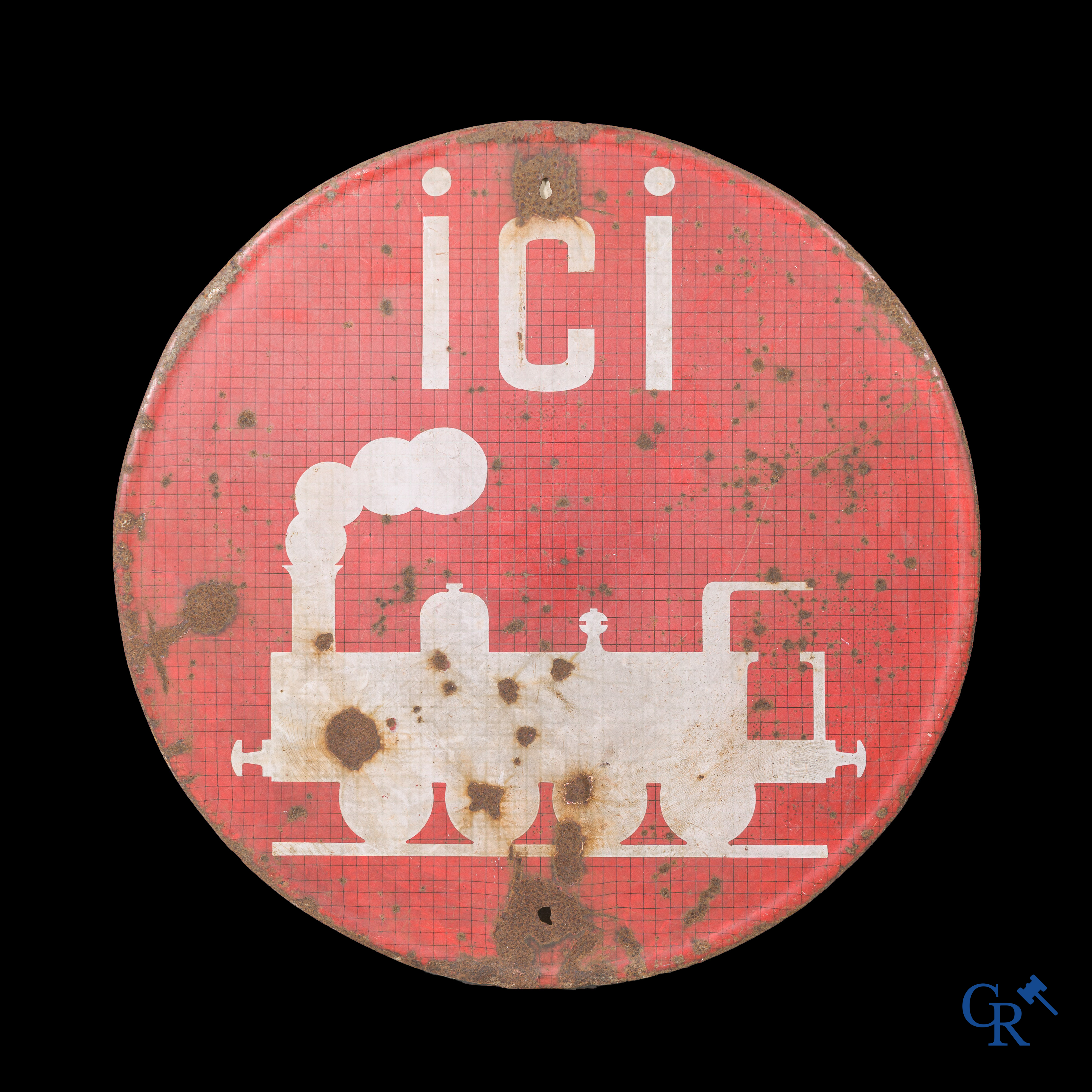 Emaille bord met een locomotief om een overweg aan te geven. Circa 1900-1920.