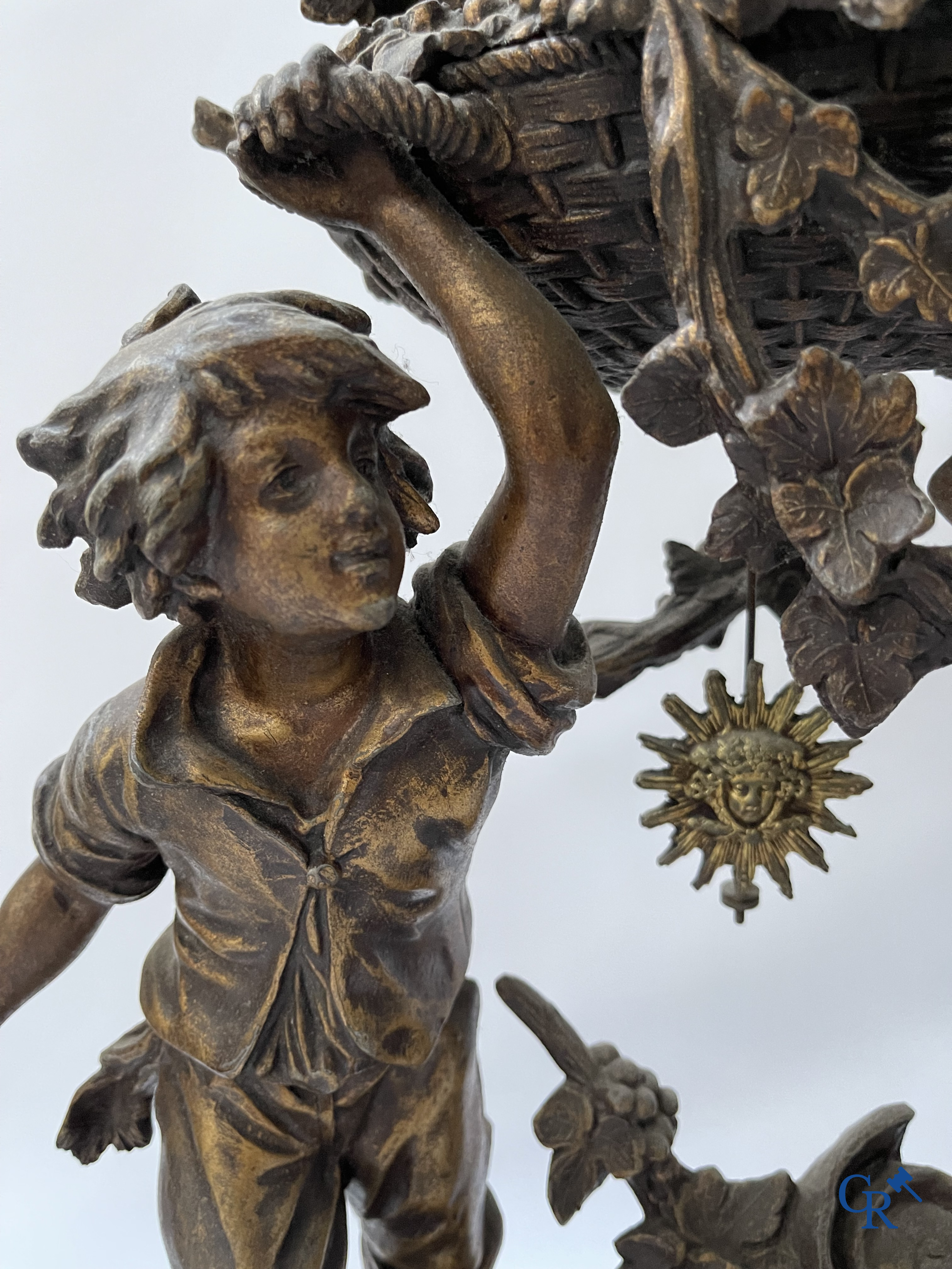 Louis & François Moreau (after). A large 3-piece fireplace set in spelter and marble. Circa 1910.