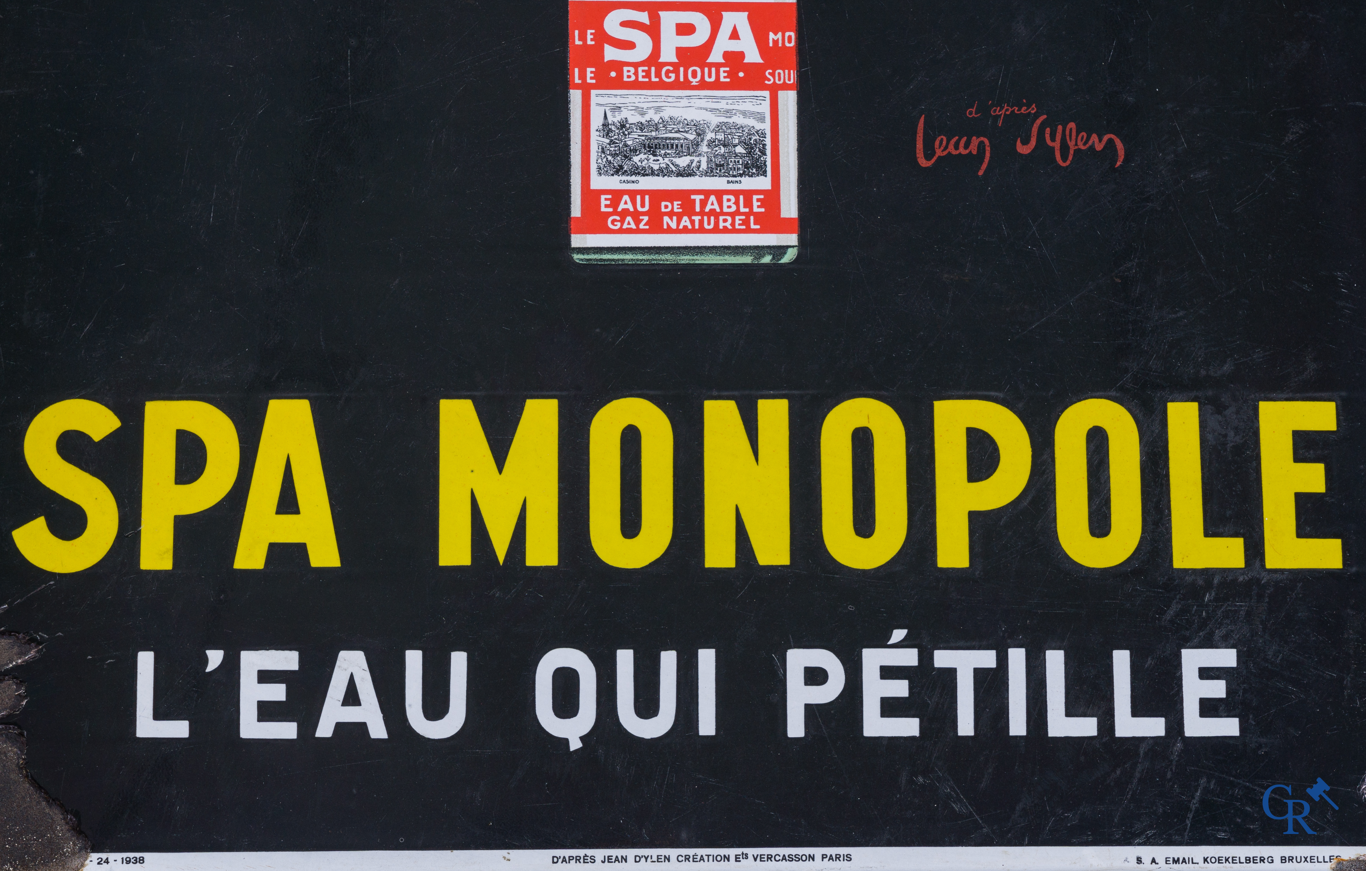 Spa Monopole "l'eau qui pétille" Plaque émaillée publicitaire représentant "Pierrot" d'après un dessin de Jean d'Ylen.