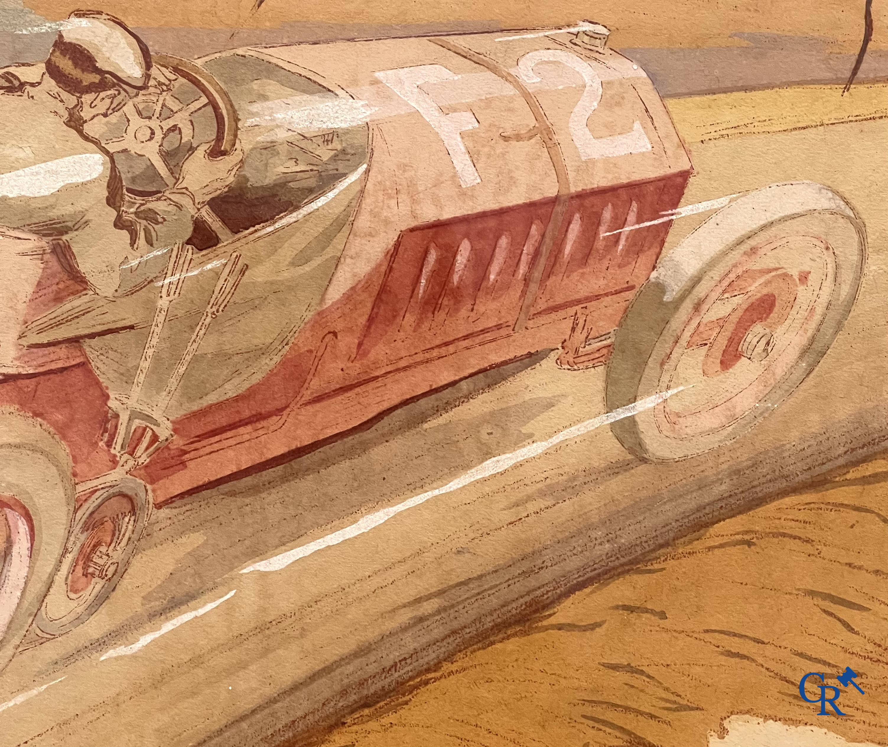 Ernest Montaut. "Course Automobile" Kleuren lithografie. Montaut Mabileau Editeur, 1907.