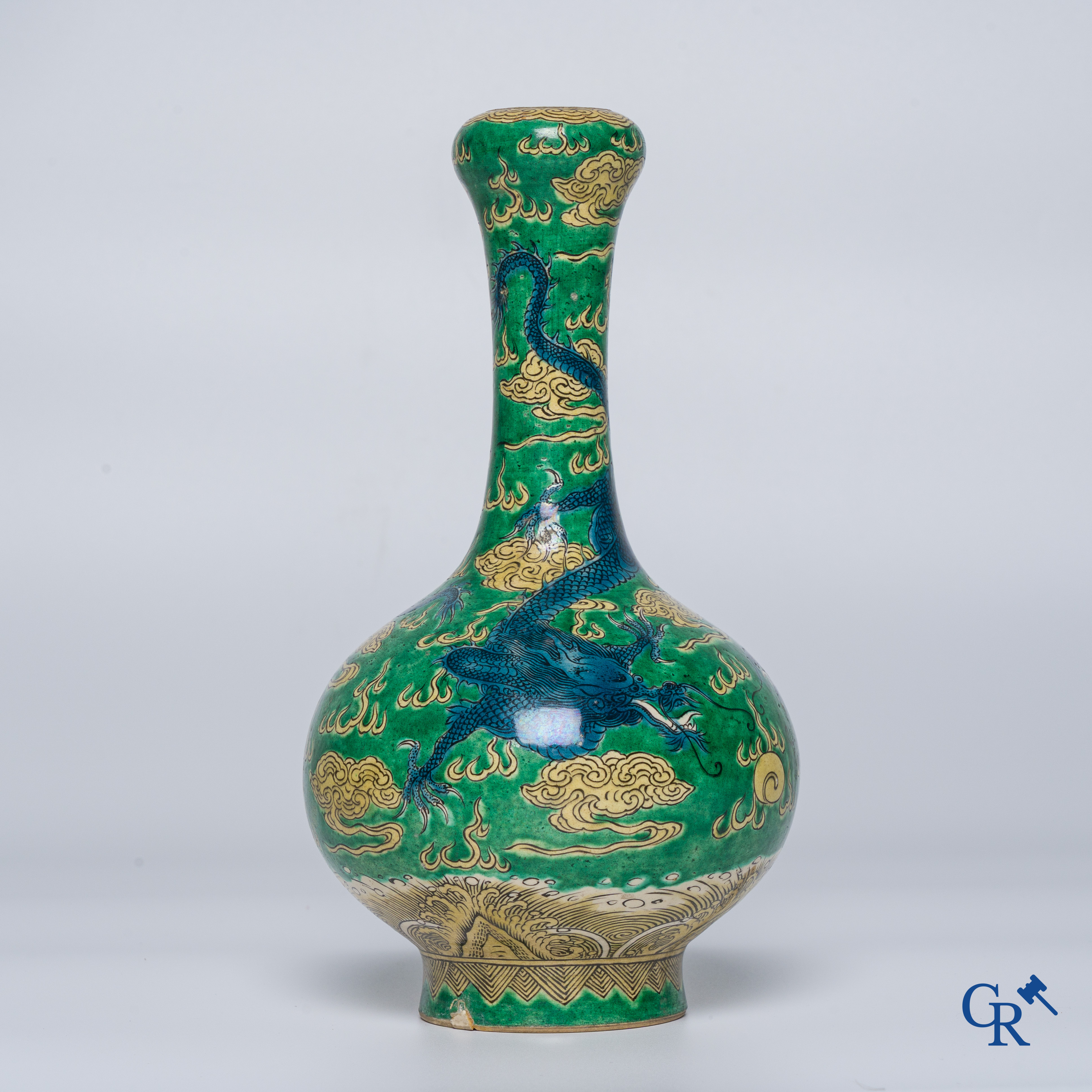 Asian Art, A fine Chinese green and yellow biscuit vase with dragon decor. Marked.