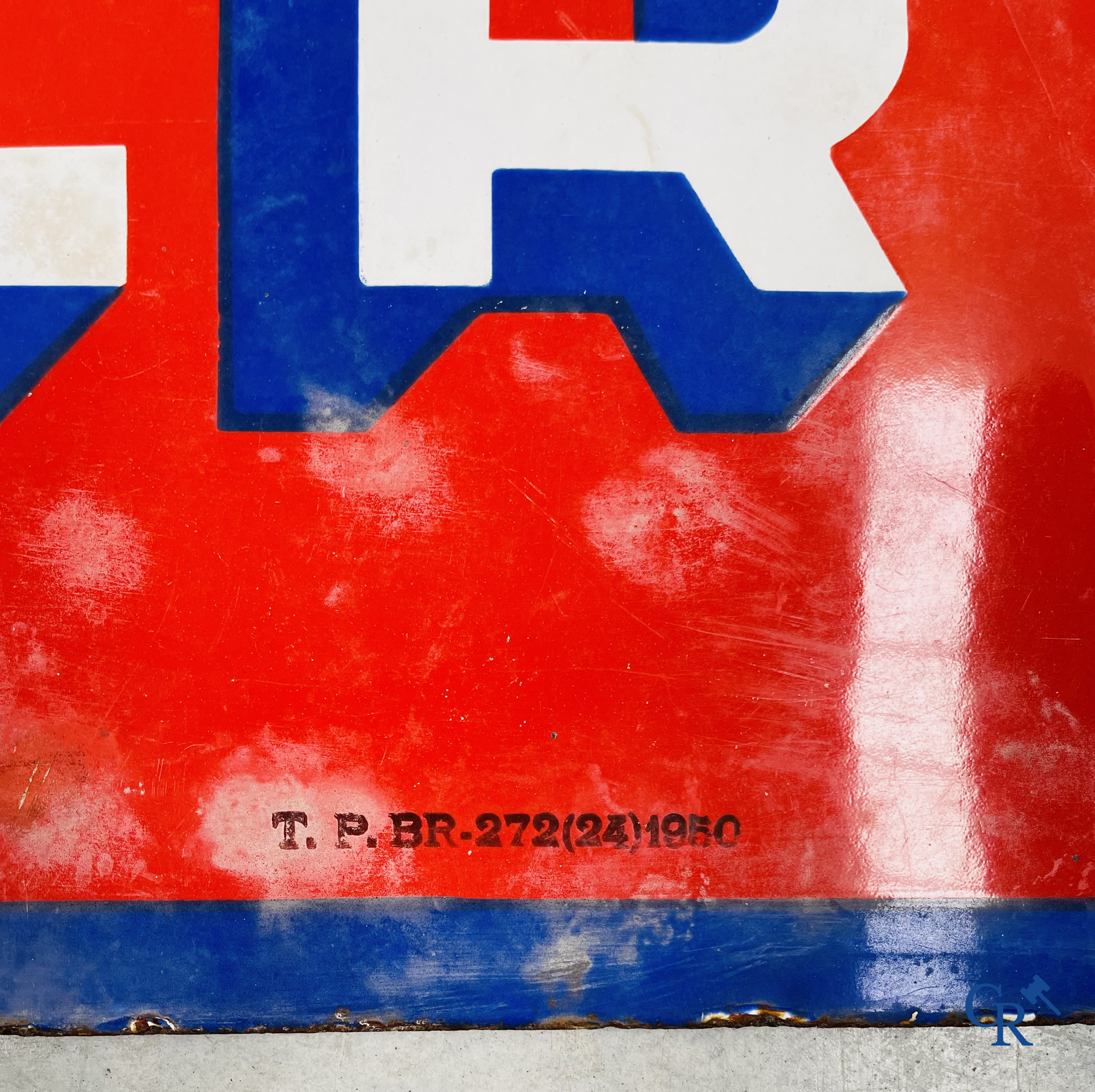 A large enamel advertising sign for Louwaege's beer. Enamel Koekelberg. T.P. Bruxelles 1950.