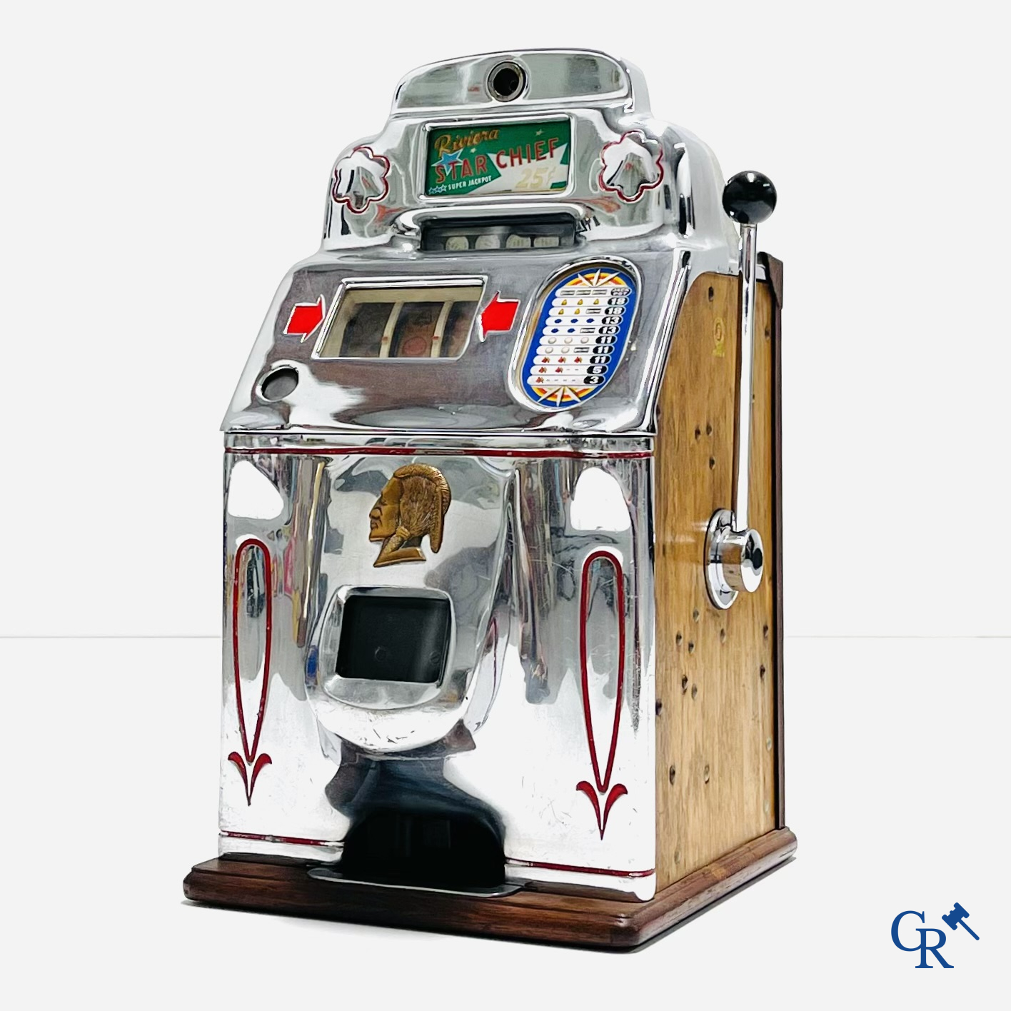 Jackpot, one-armed bandit, Jennings & Company Chicago. Riviera Star Chief Super Jackpot. Numbered.