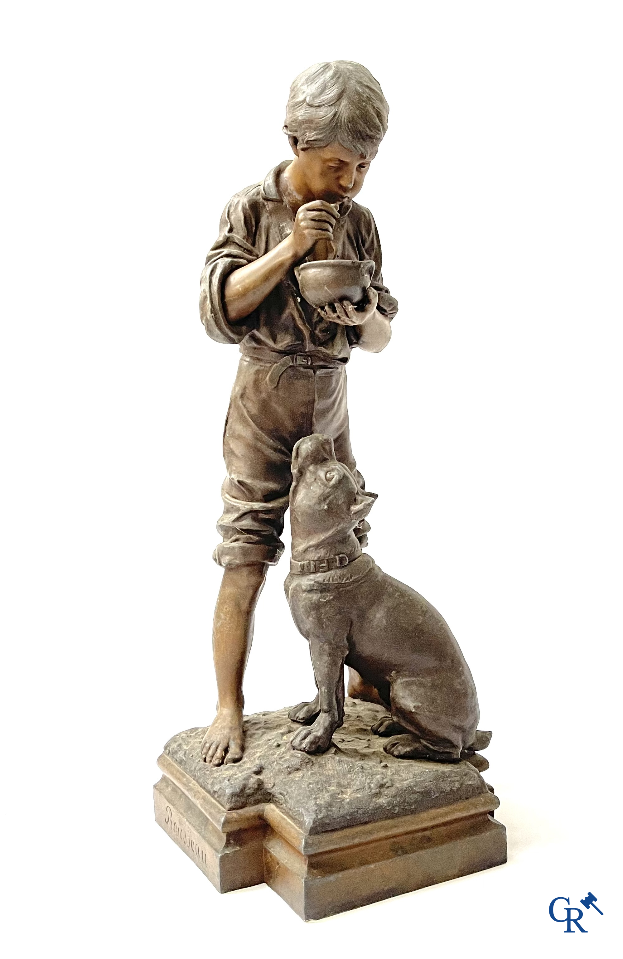 A lot of 3 sculptures in spelter. Anatole Guillot, Emile Bruchon, Rousseau. Circa 1900.