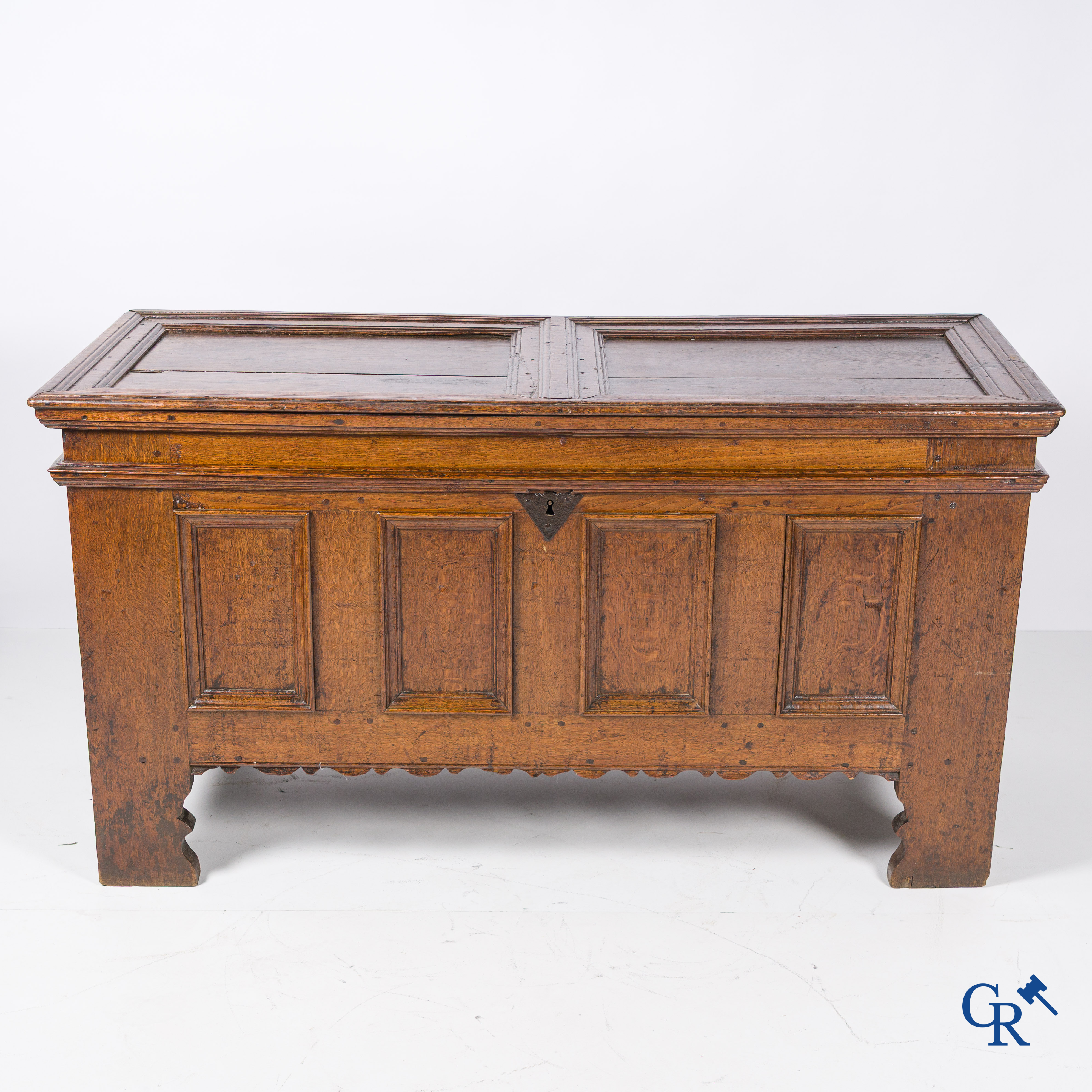 Oak trunk with original wrought iron lock work. Beautiful patina. 18th century.