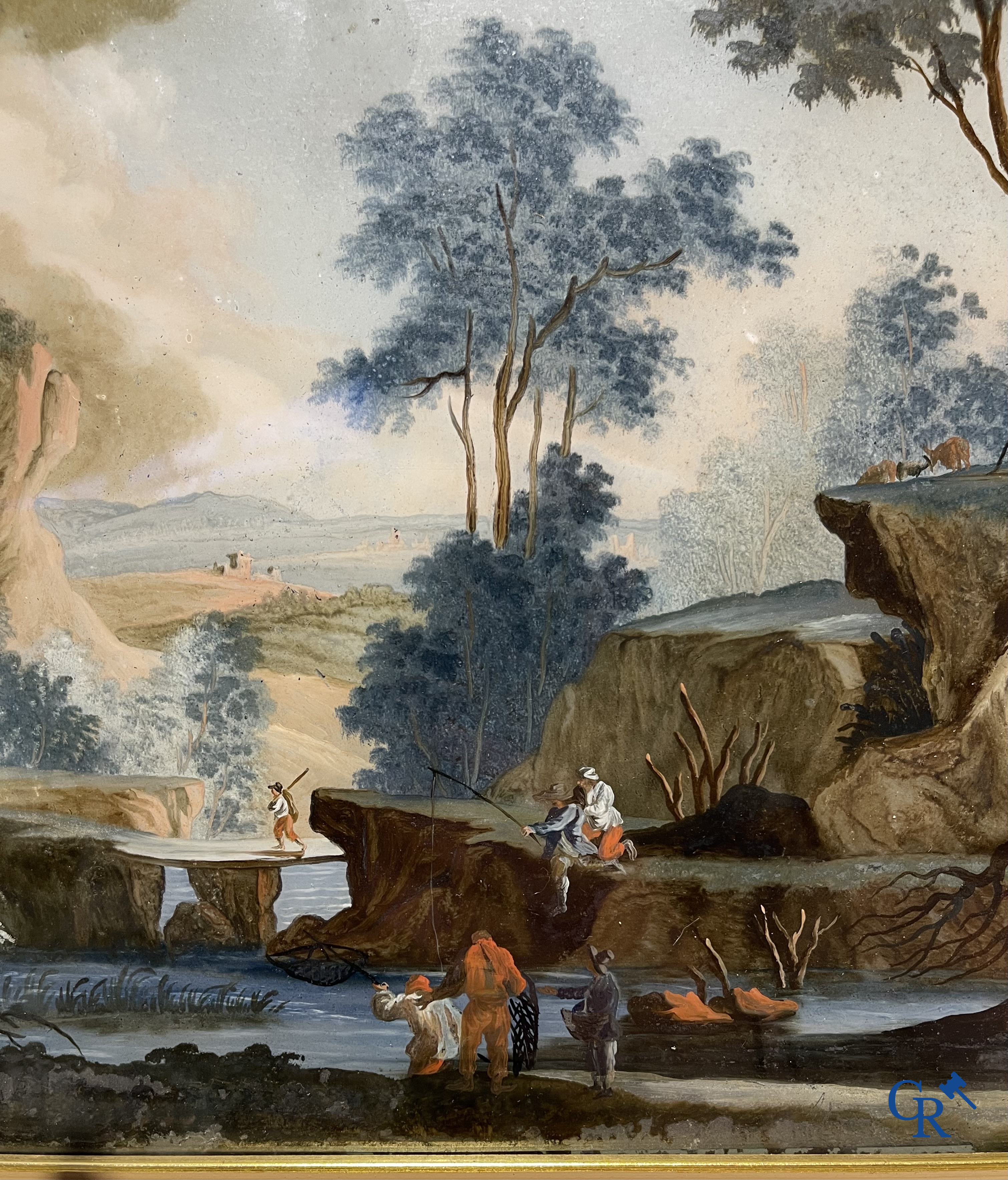 Achterglasschildering of Verre églomisé, Italiaans landschap met een rivier. Italiaanse of Franse school circa 1800.