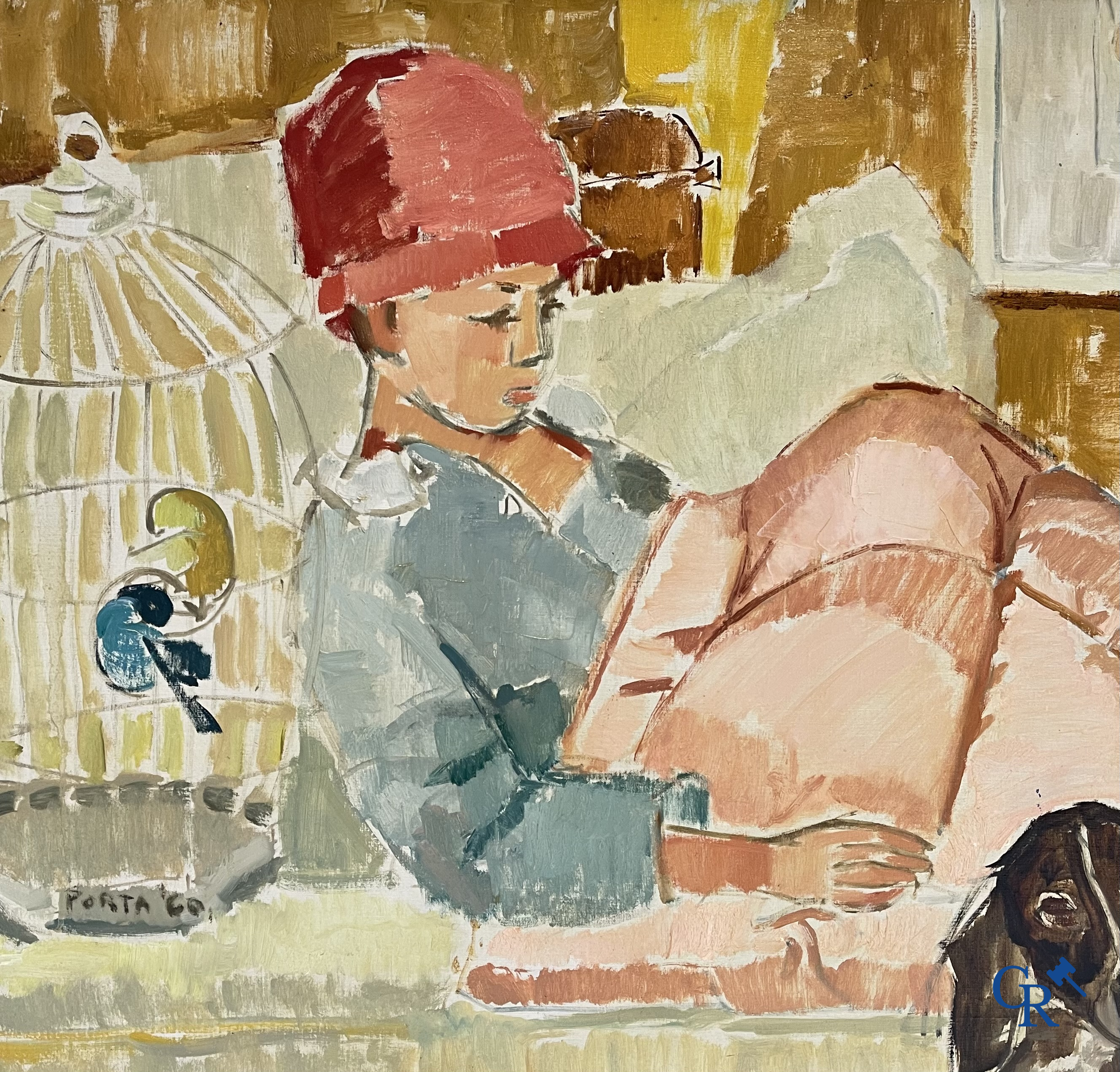 Meisje met rode hoed en hond. Schilderij, olie op doek. Onleesbaar gesigneerd en gedateerd.