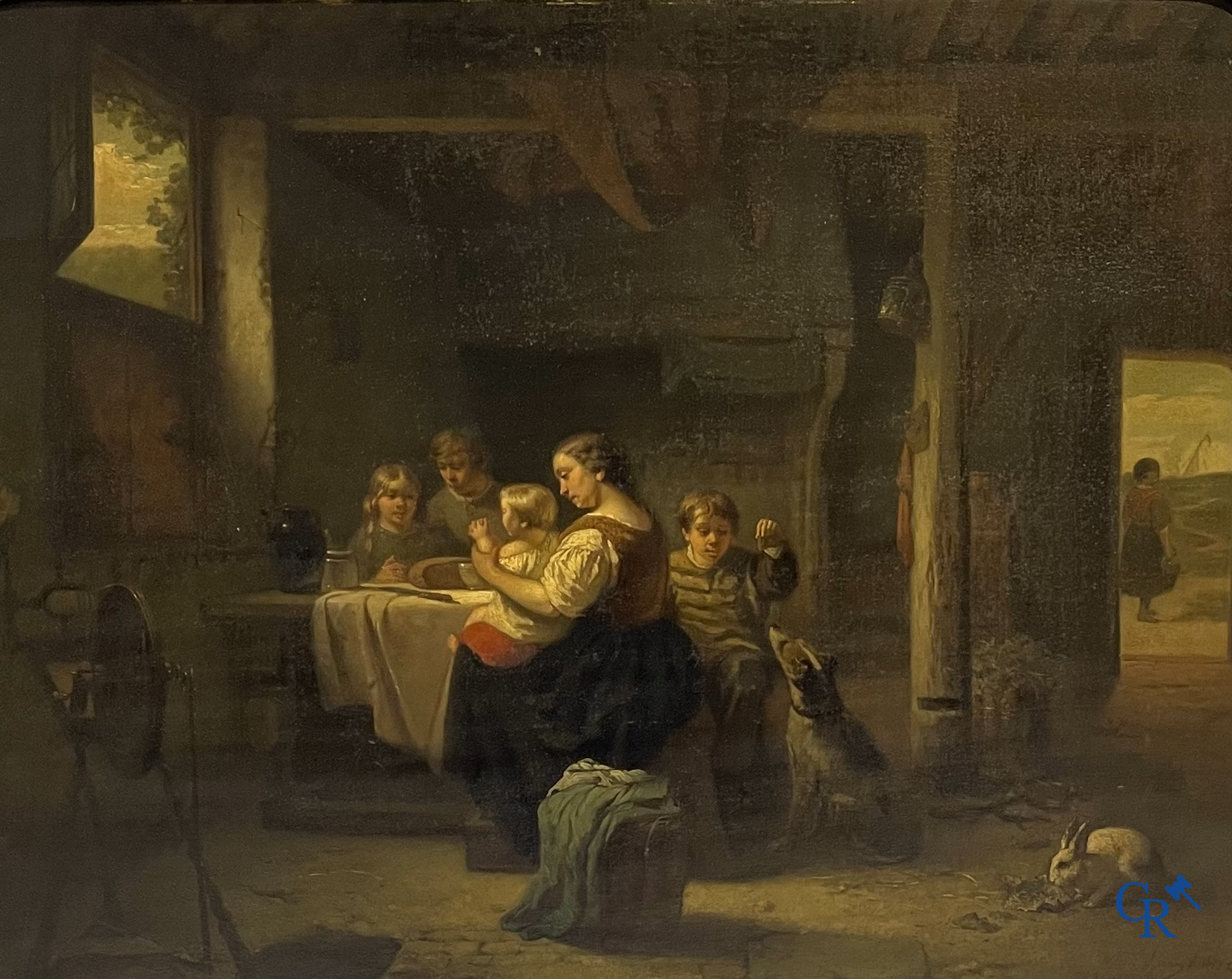 Willem I Linnig (1819-1885) Painting, oil on panel "The young family" Signed and dated 1855.