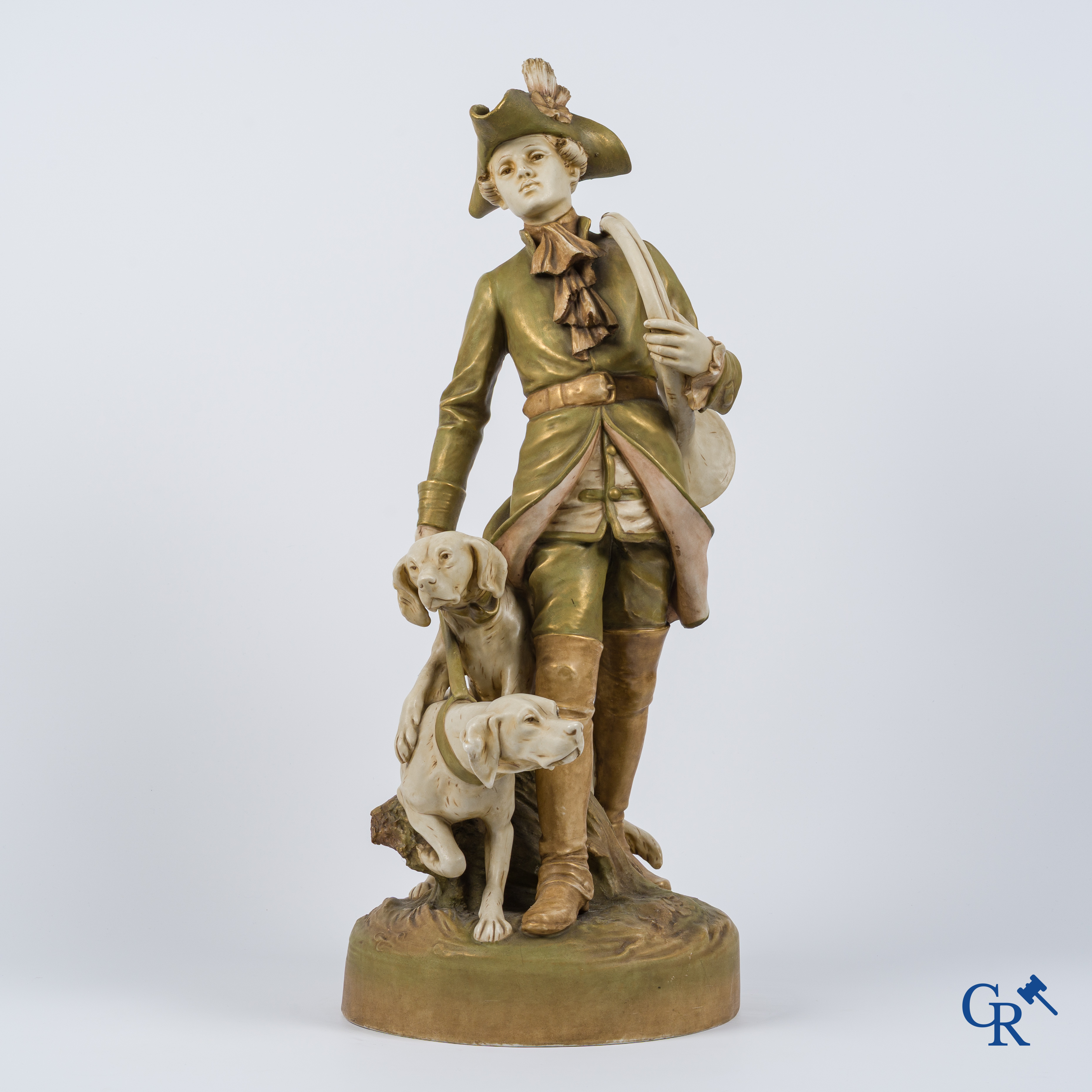 Royal Dux Bohemia. "Piqueur au Relais" Large polychrome group after the model by Hippolyte Moreau and Prosper Lecourtier.