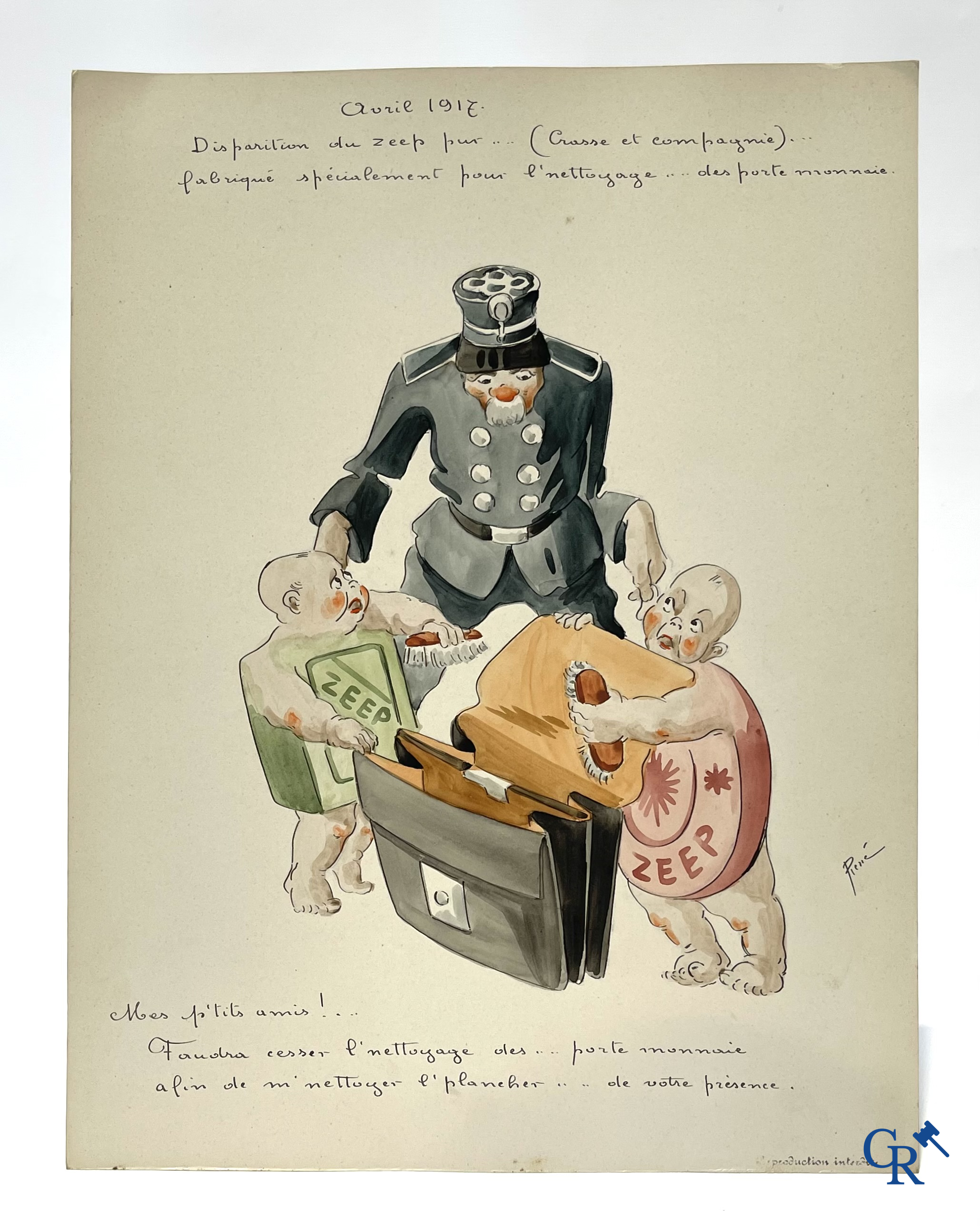 René de Pauw (1887-1946) 3 karikaturen i.v.m. wereldoorlog I. Oost Indische inkt en aquarel op papier.