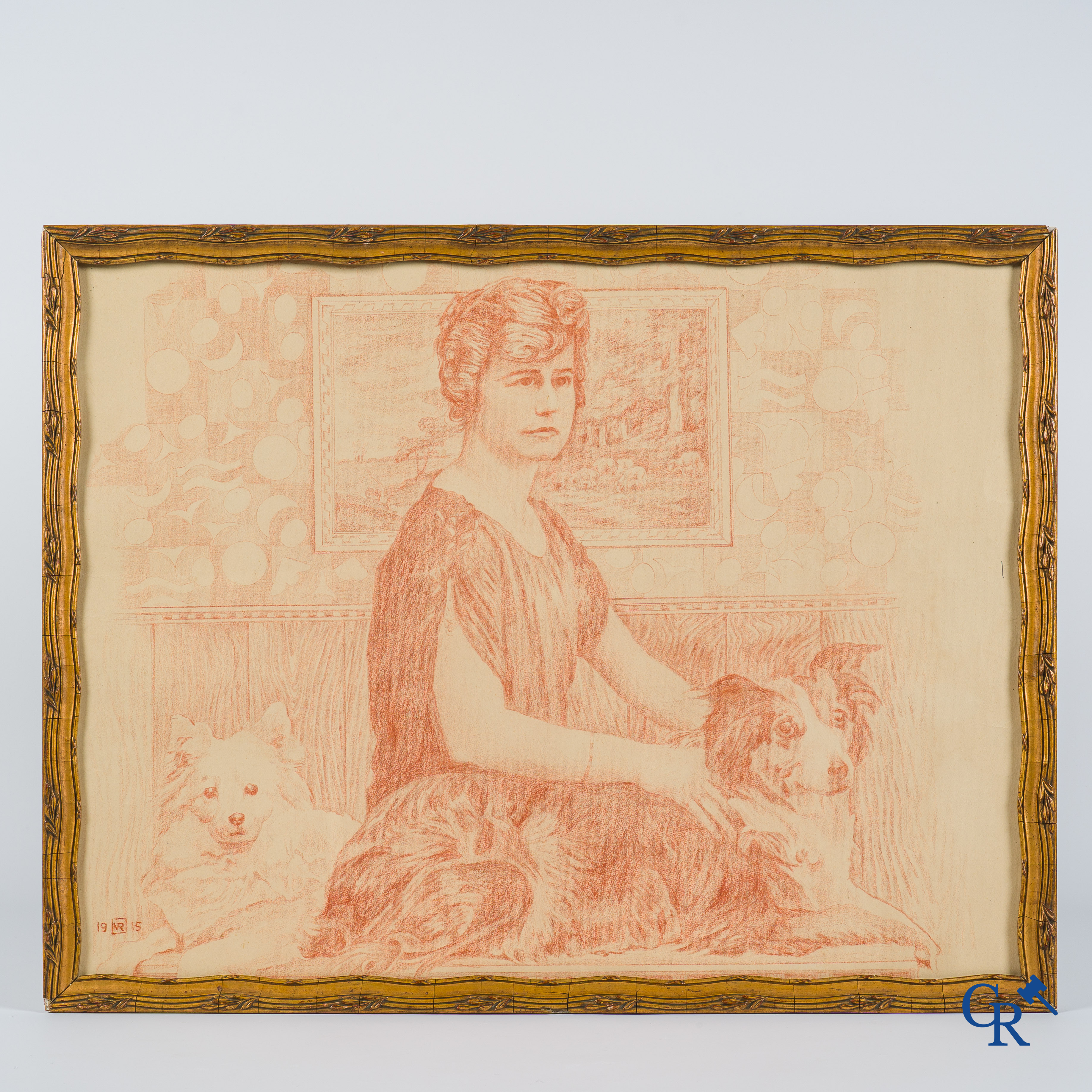 Théo Van Rysselberghe (1862-1926) Portret van een dame met honden. Rood krijt op papier. Gedateerd 1915.