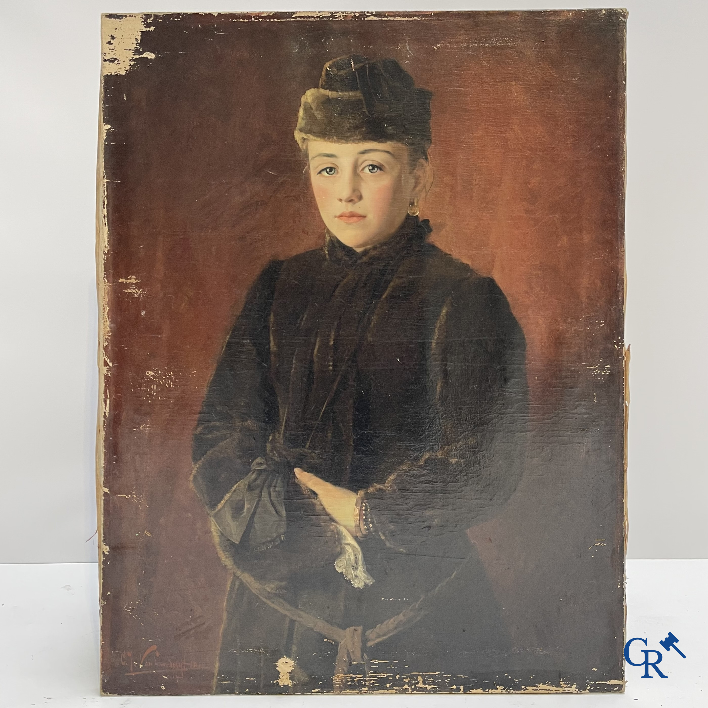 Charles Joseph Van Landuyt (1854-1934) Portrait of a young lady with fur coat, 1888. Oil on canvas.