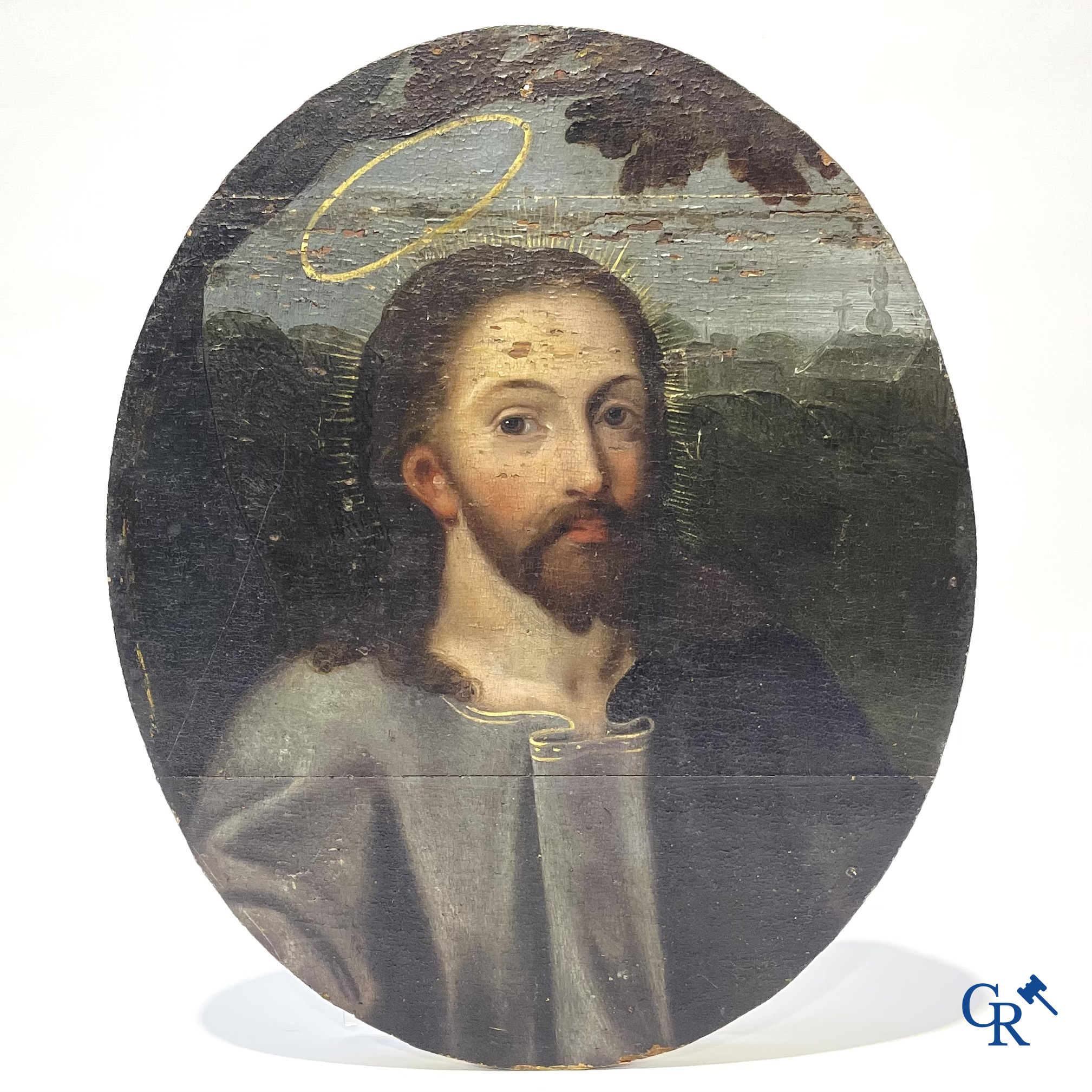 Portret van Jezus Christus. Olie op paneel. Vlaamse school, 17e-18e eeuw.