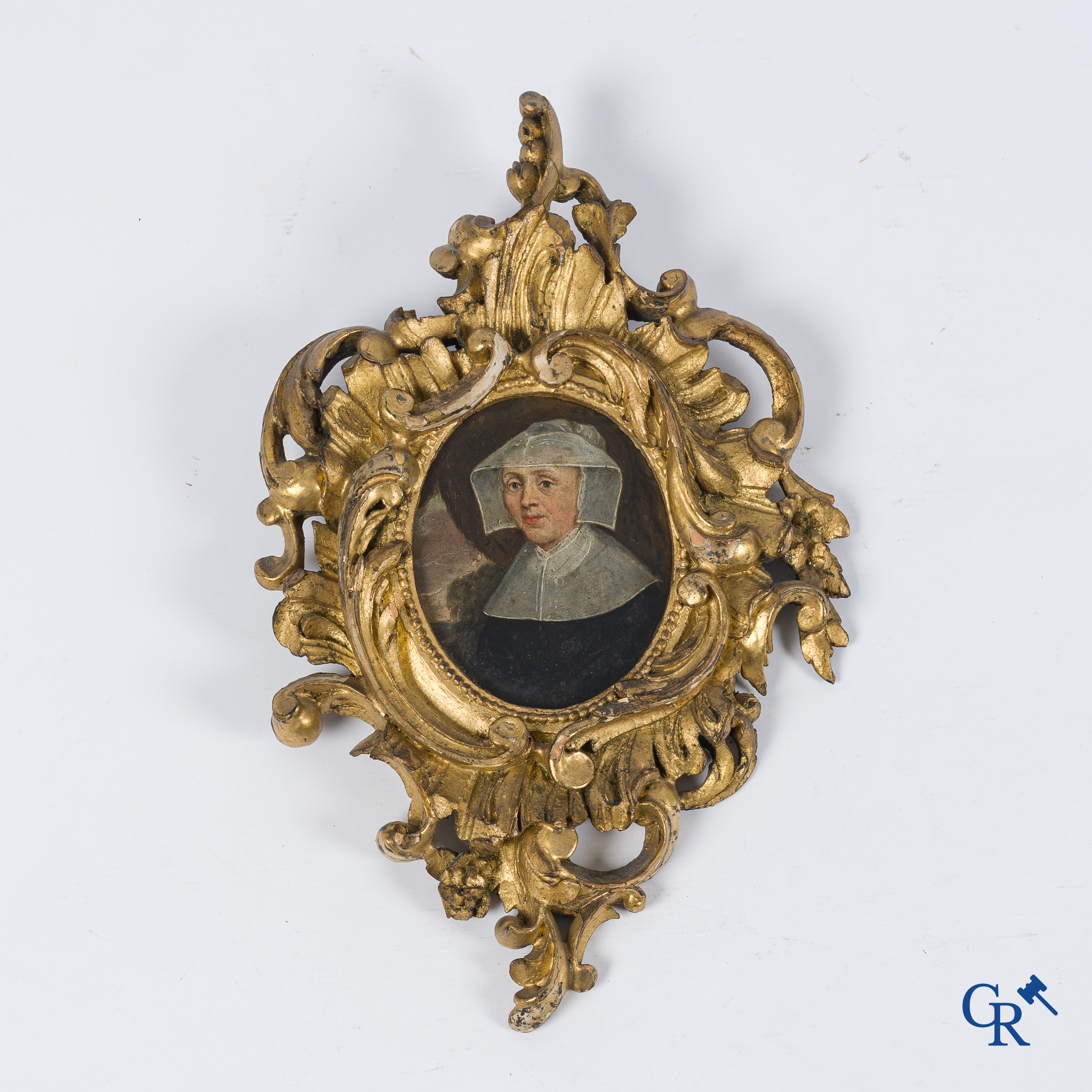 Miniature portrait of a lady in traditional dress with white hood. Oil on copper. 18th-19th century.