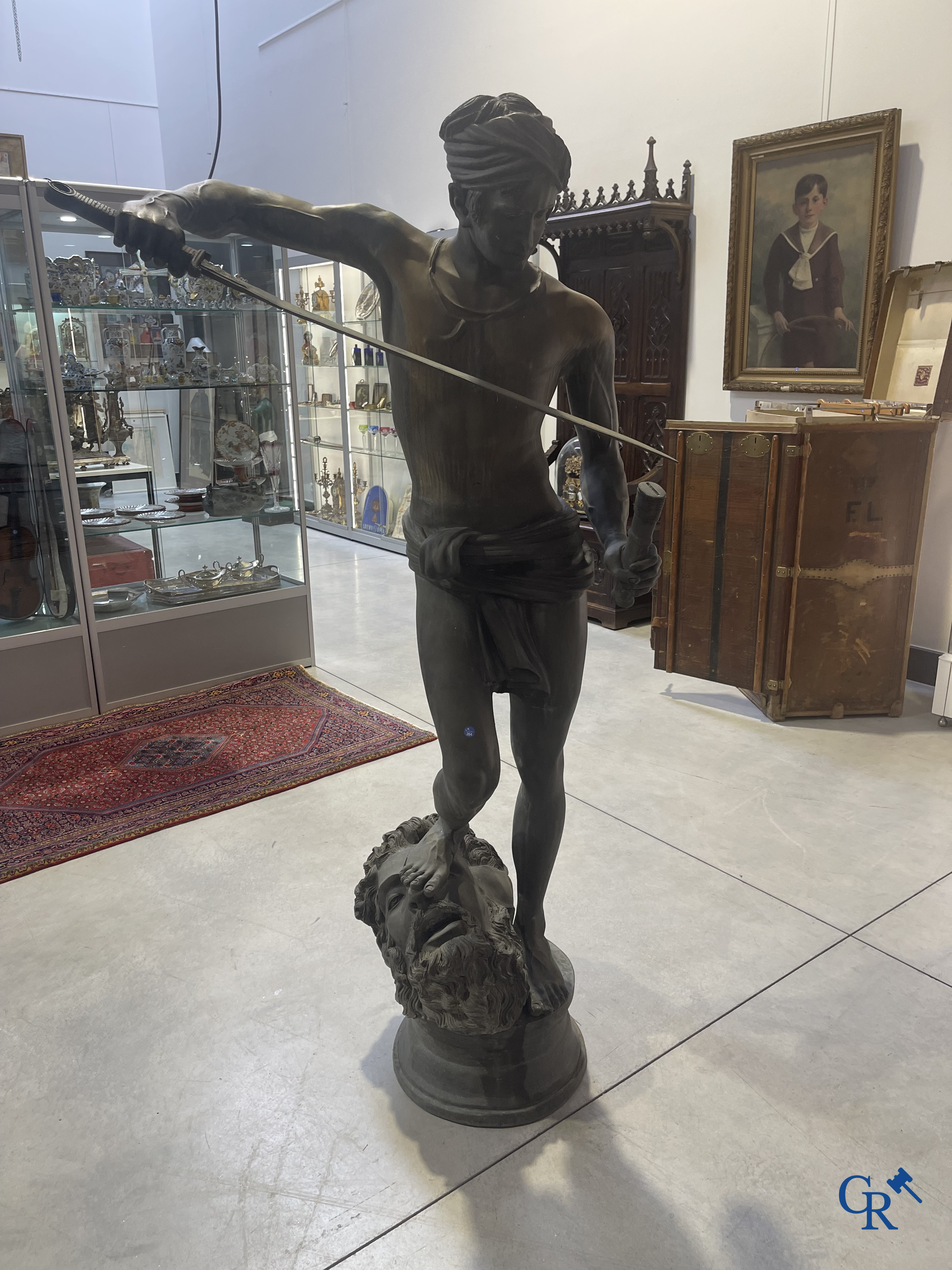 Antonin Mercié (after) Life-size bronze statue. David and Goliath. Signed A. Mercie. 20th century.