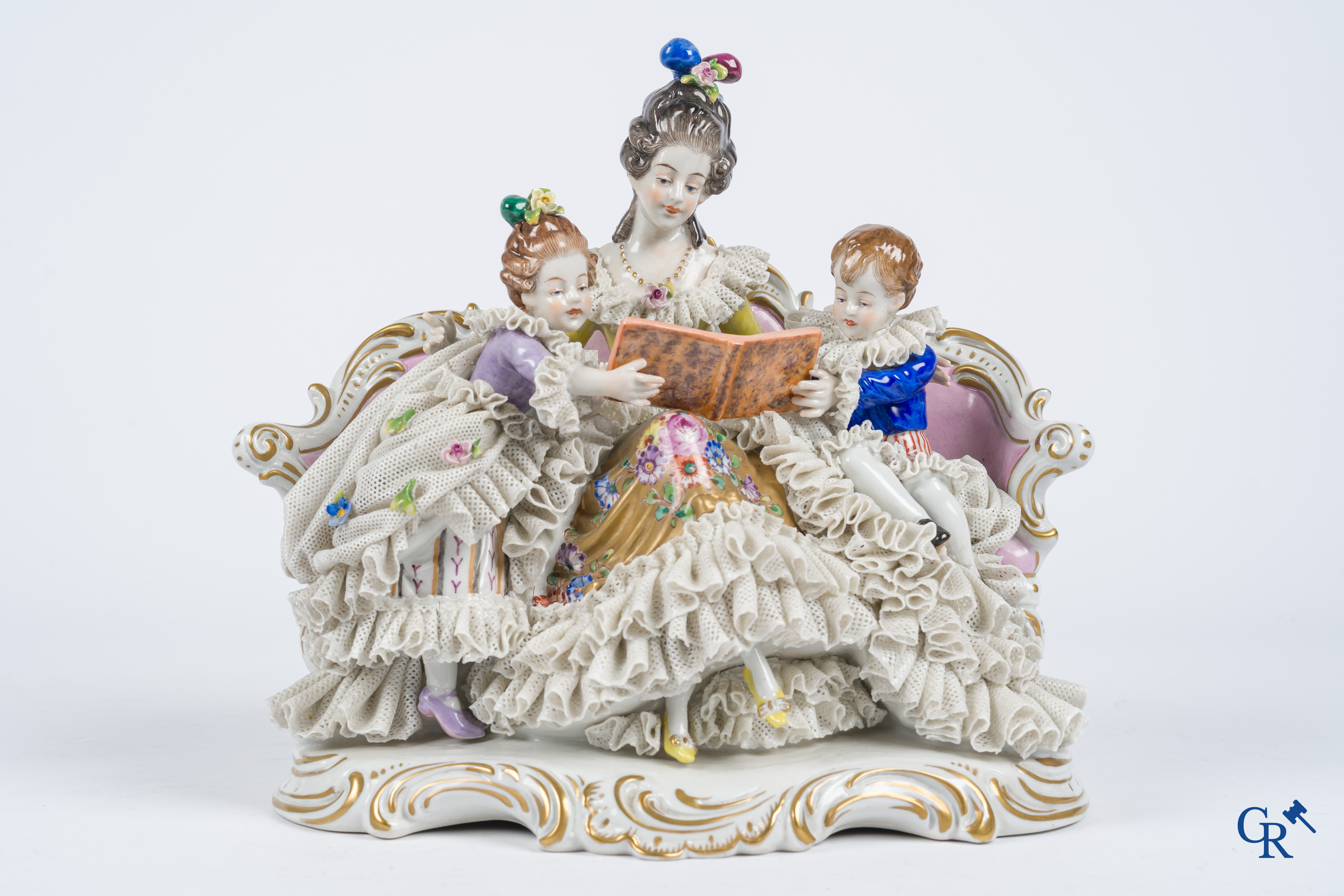 German porcelain. 3 groups in lace porcelain. Marked Volkstedt Rudolstadt and Sitzendorf.