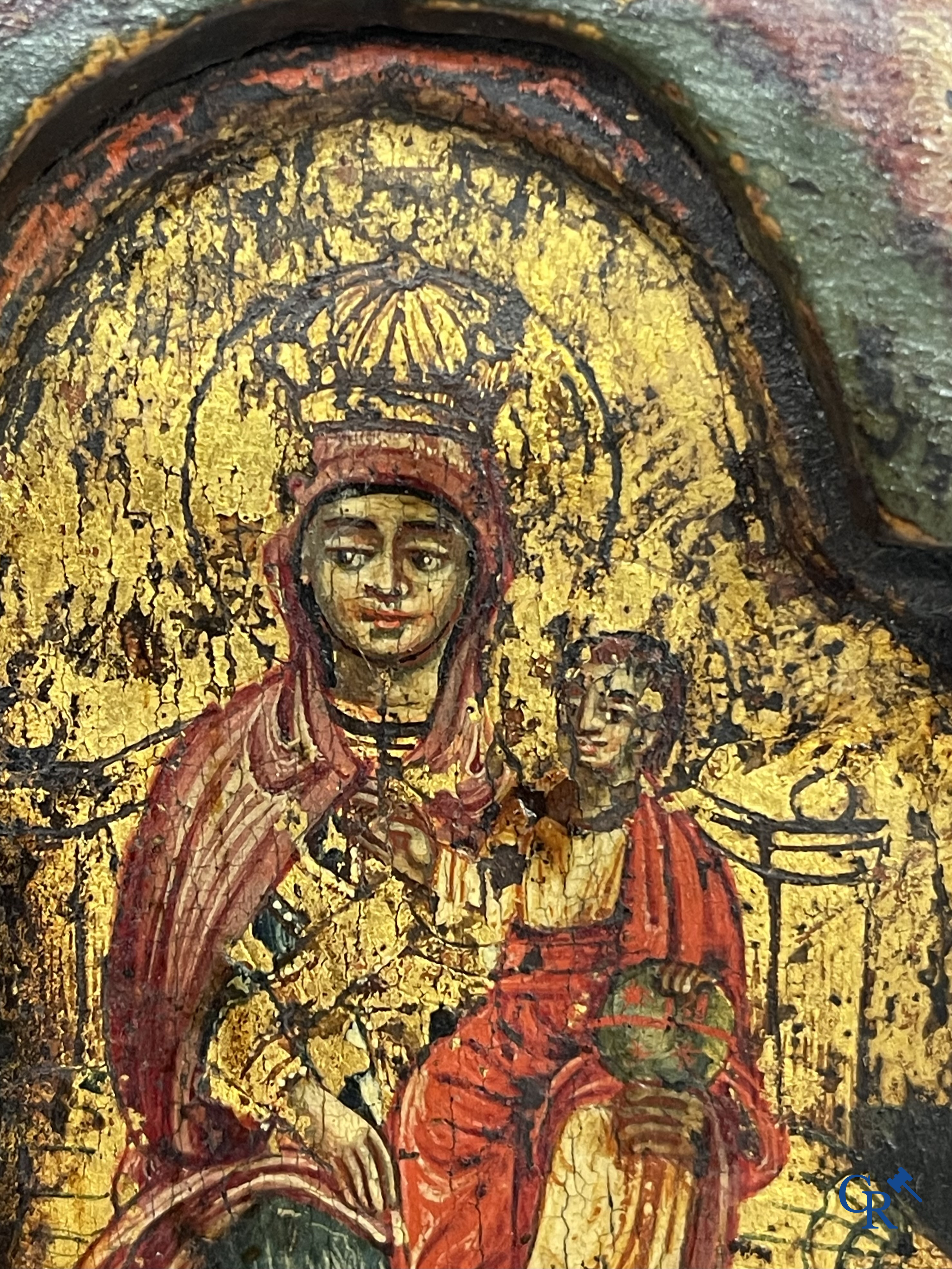 Greek Orthodox triptych icon, the Holy Mother of God with the Christ Child. Tempera on panel. 17th-18th century.