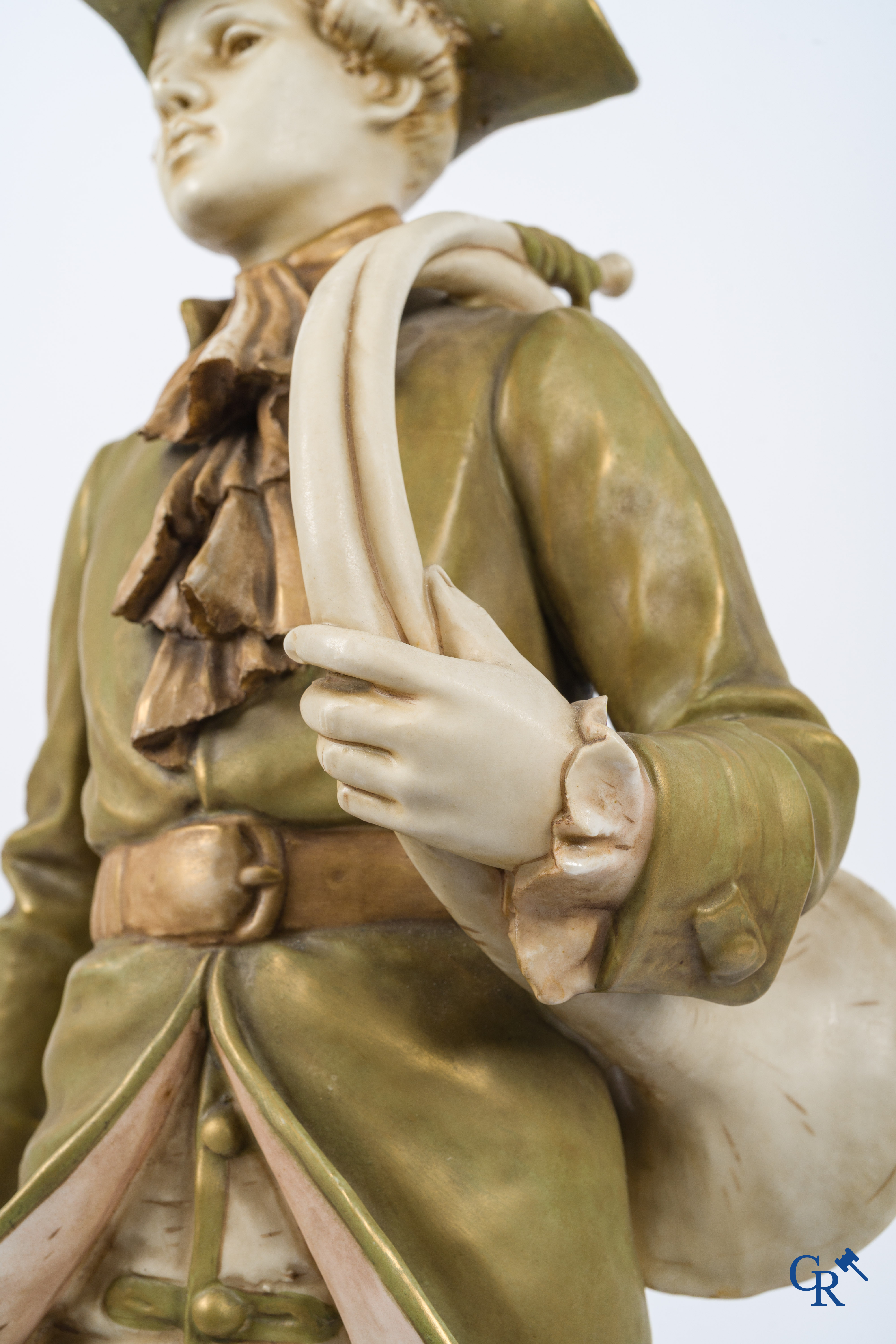 Royal Dux Bohemia. "Piqueur au Relais" Large polychrome group after the model by Hippolyte Moreau and Prosper Lecourtier.