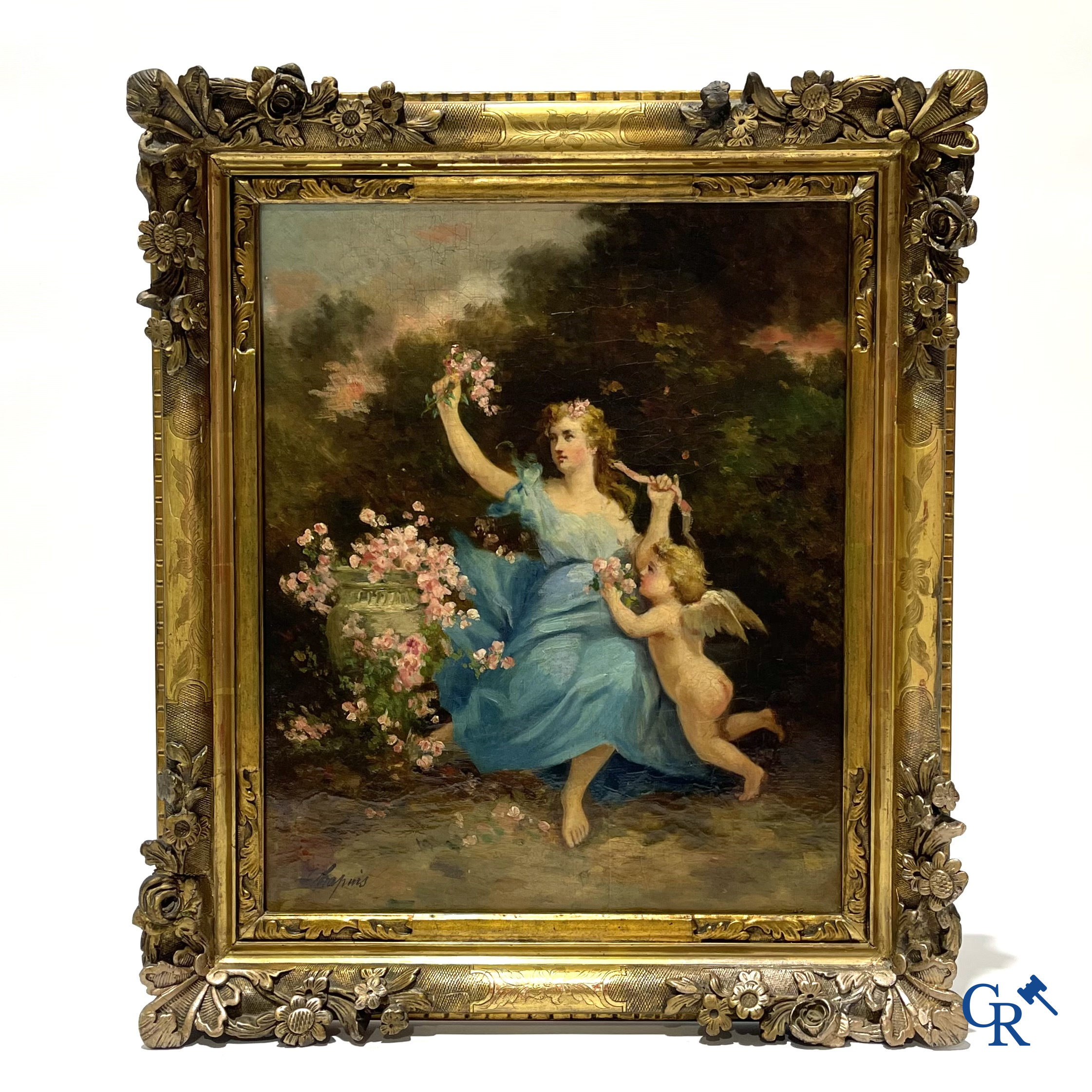 Romantic painting, oil on canvas. Venus with angel. Signed lower left Chapuis. 19th century.