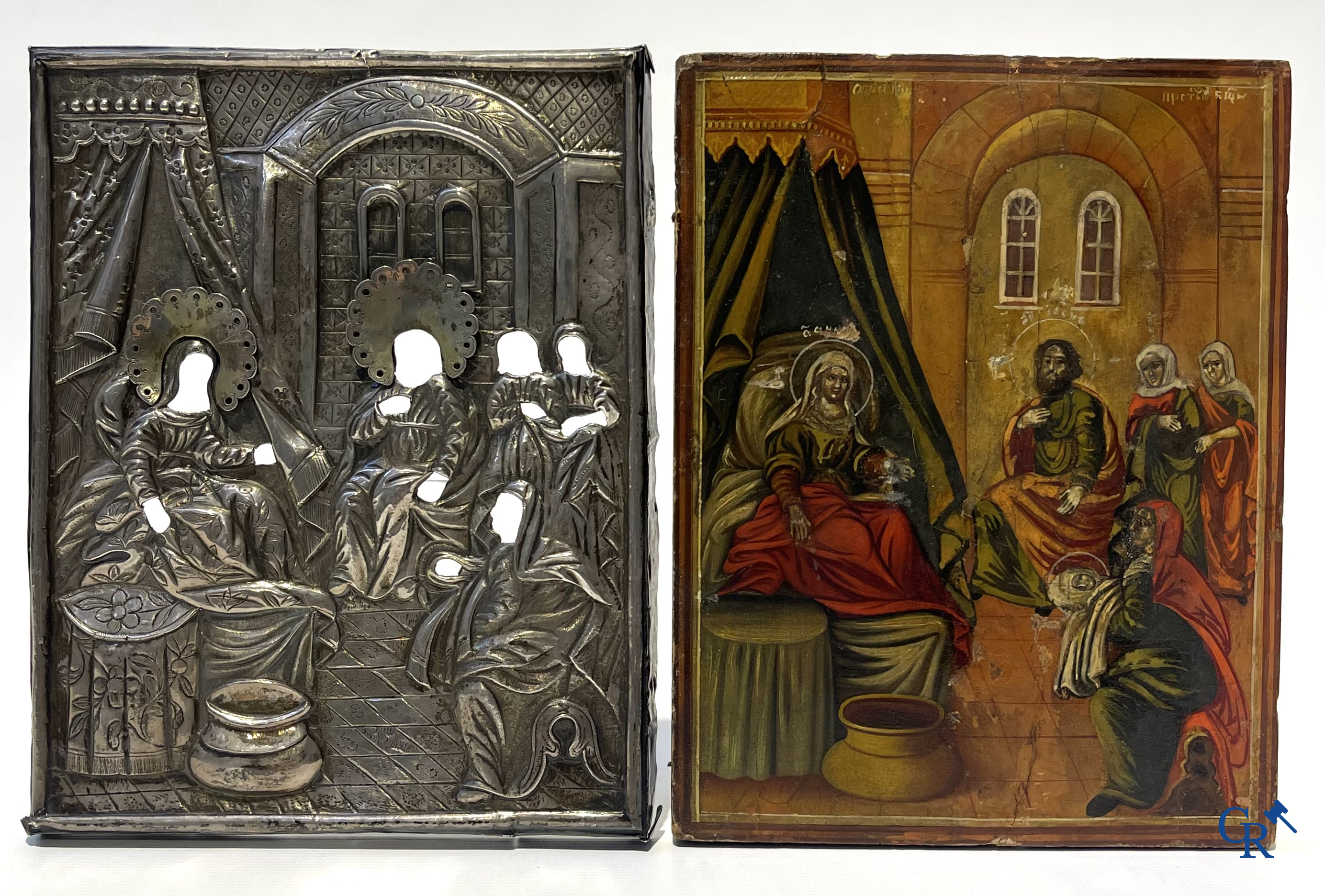 Russian work. 2 icons with silver oklad. Smallest icon dated 1823 and silver grade 875°/00, 84 zolotniks.