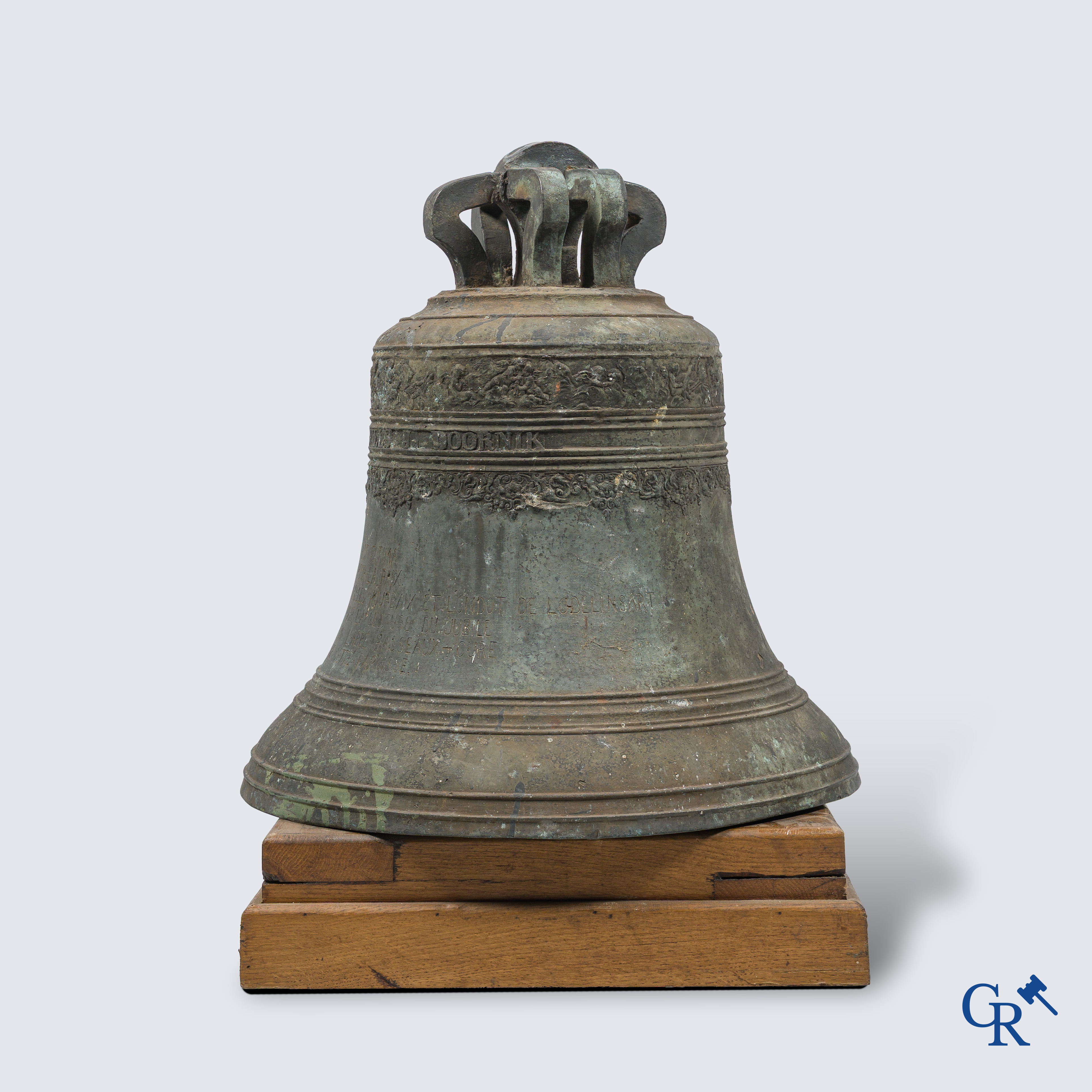 Religious objects. Large bronze church crown bell. Inscription band with angel motifs.