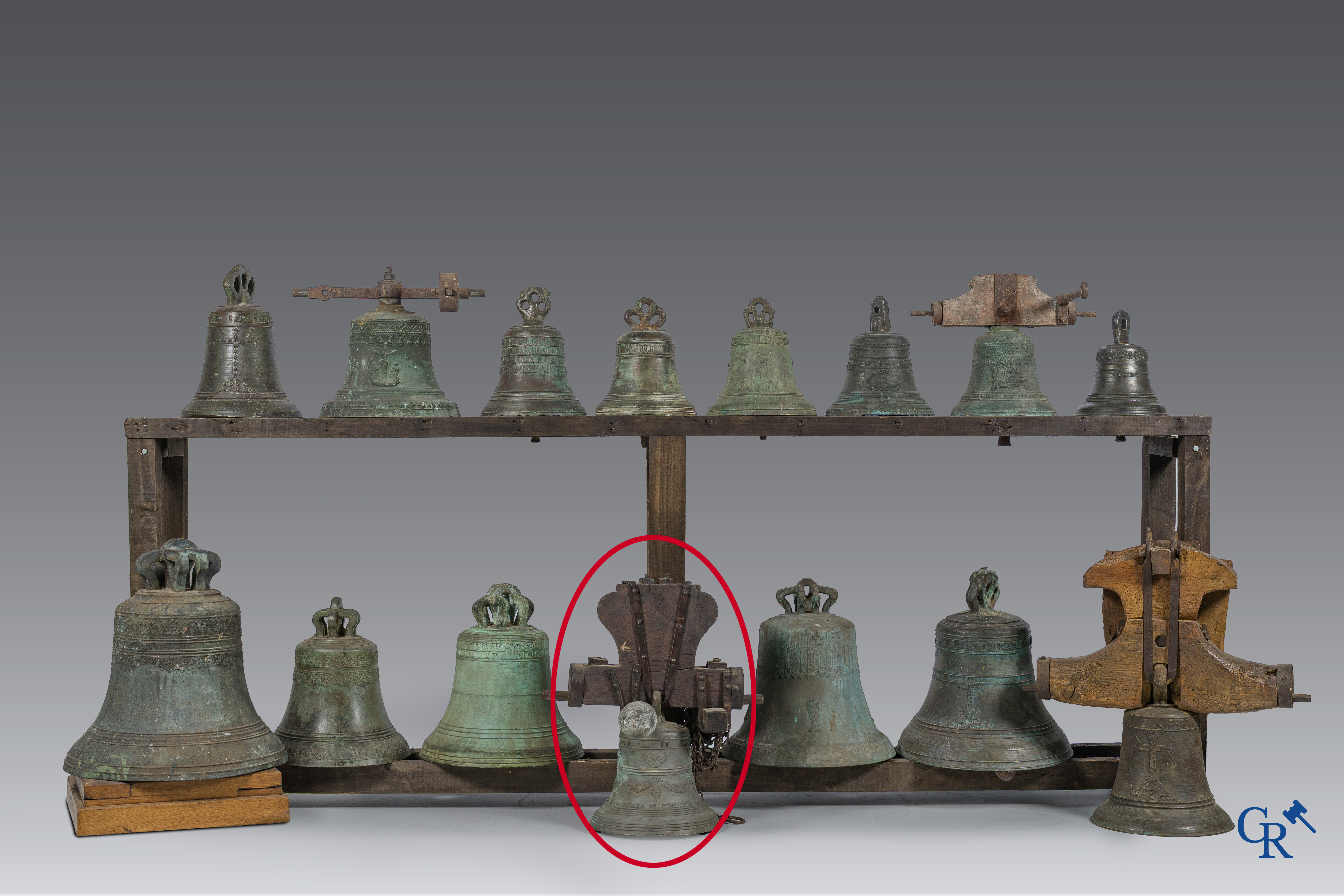 Large bronze bell with wooden yoke. Decorated with winged angels and garlands. Inscription band. Nice 1864.