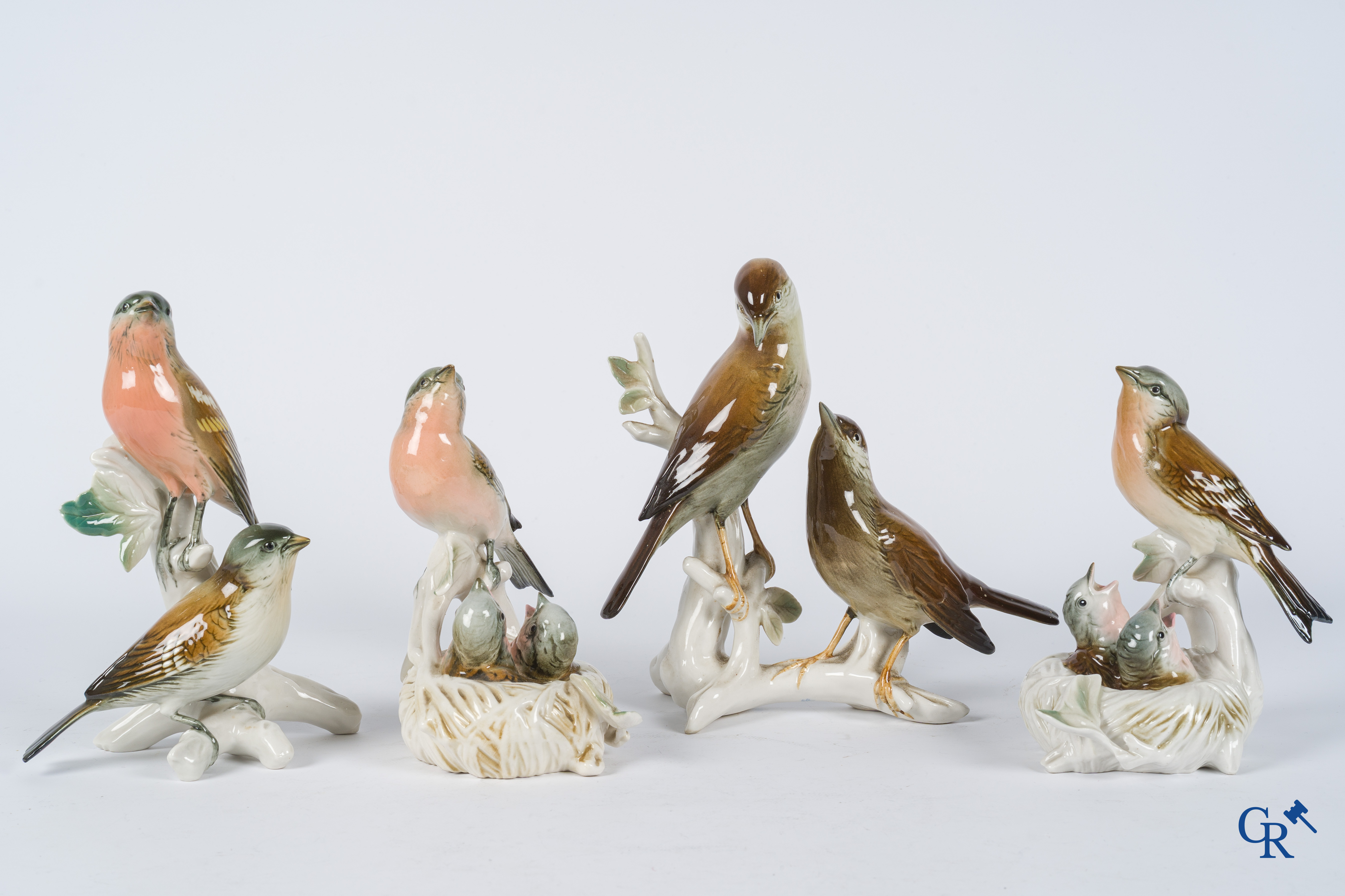 Karl Ens Volkstedt. Groot lot met diverse vogelsoorten in fijn Duits porselein. Gemerkt.