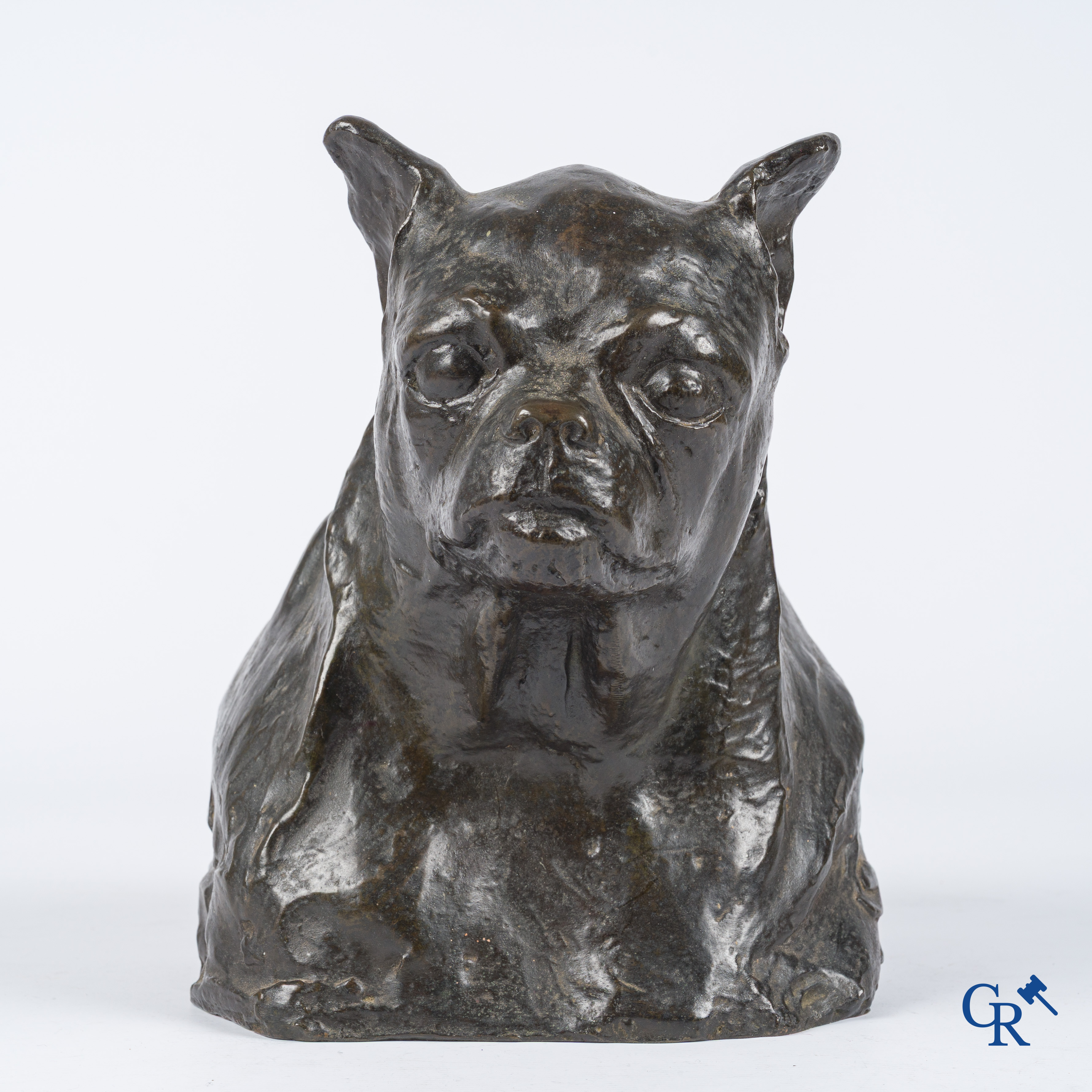 Karel Bonaugure (1880-1947) Buste van een Franse bulldog. Cire perdue. Gieterij Verbeyst Brussel. Gedateerd 1930.