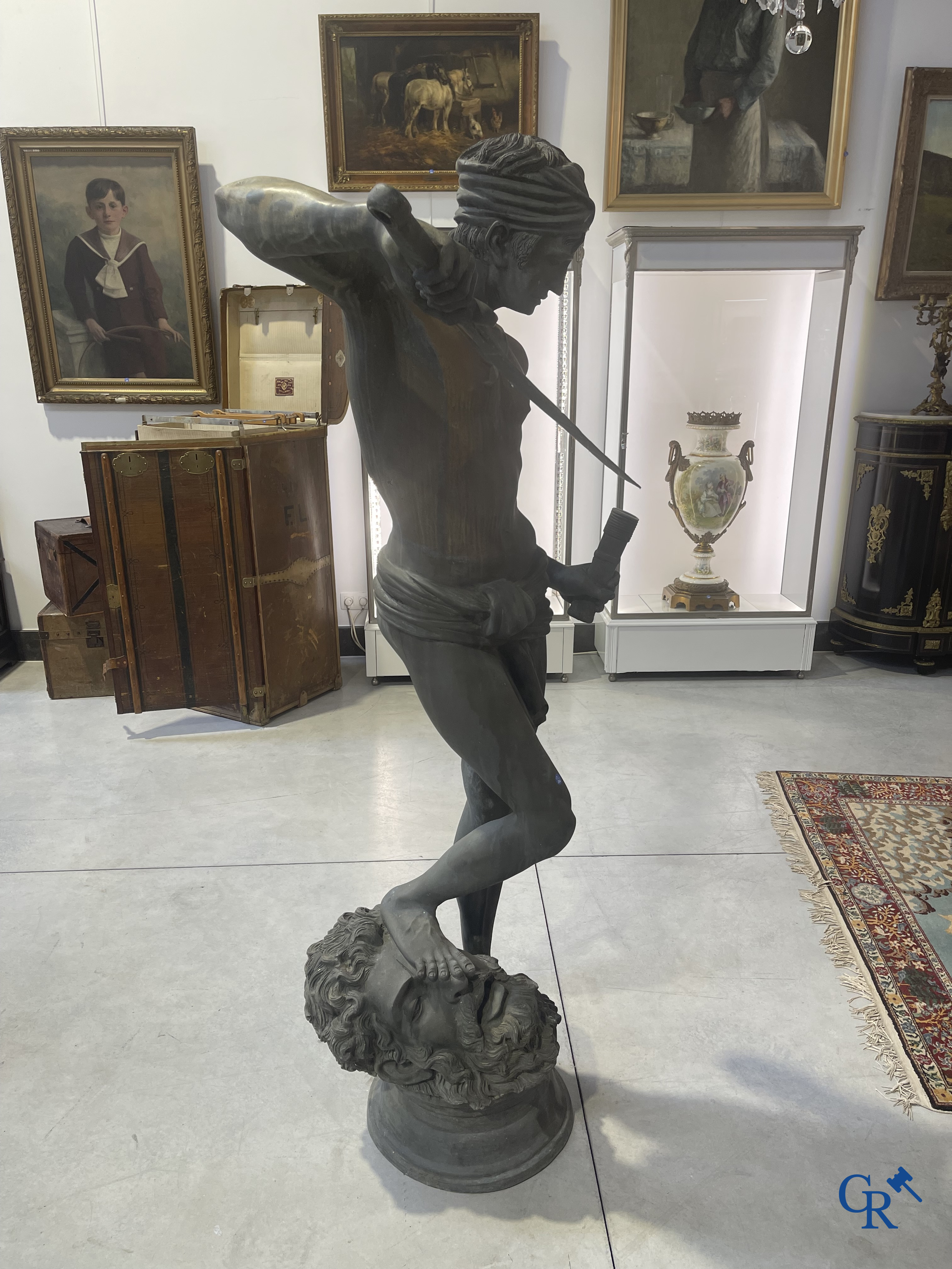 Antonin Mercié (after) Life-size bronze statue. David and Goliath. Signed A. Mercie. 20th century.