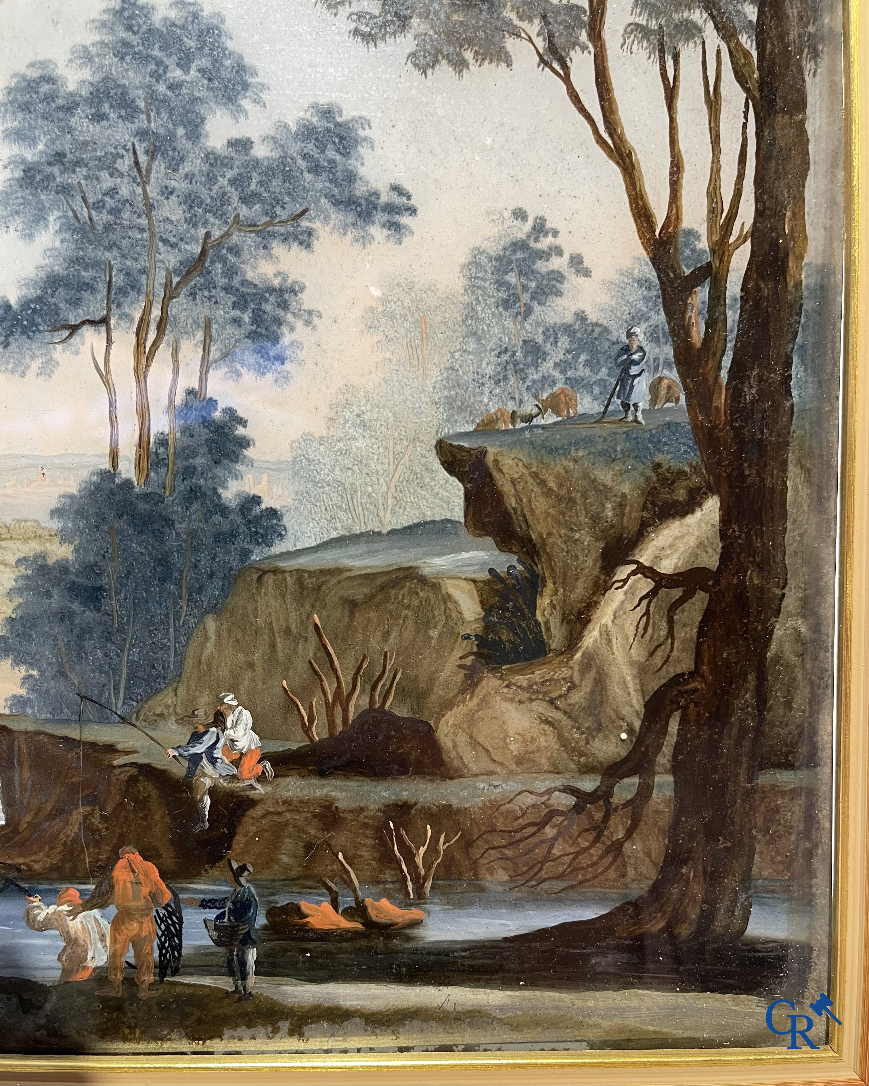 Achterglasschildering of Verre églomisé, Italiaans landschap met een rivier. Italiaanse of Franse school circa 1800.