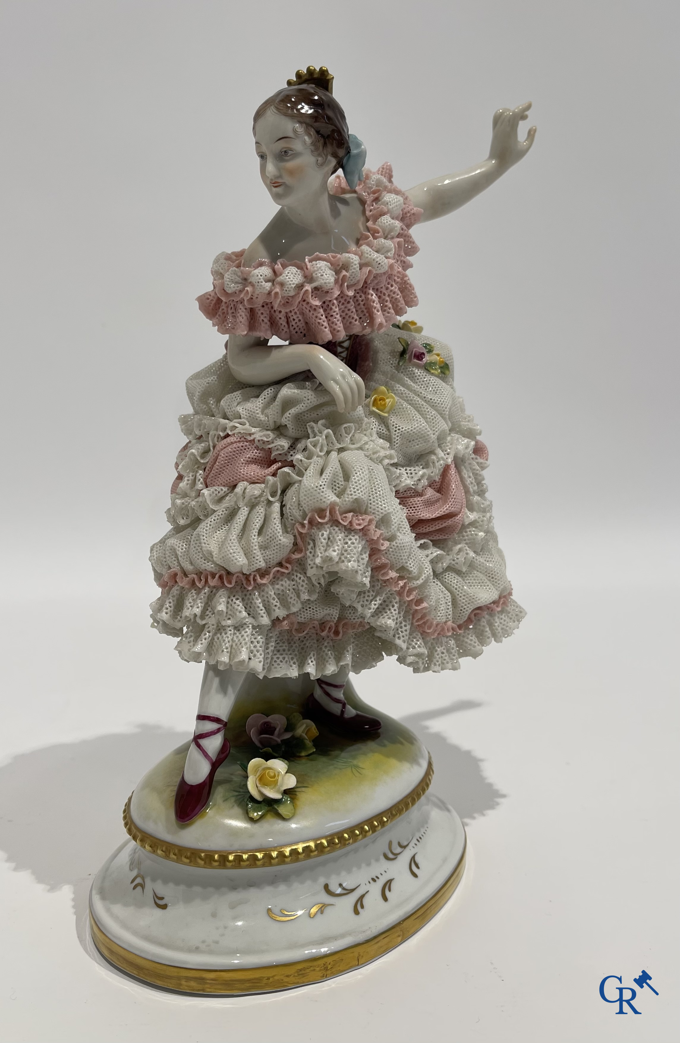 German porcelain. 3 groups in lace porcelain. Marked Volkstedt Rudolstadt and Sitzendorf.