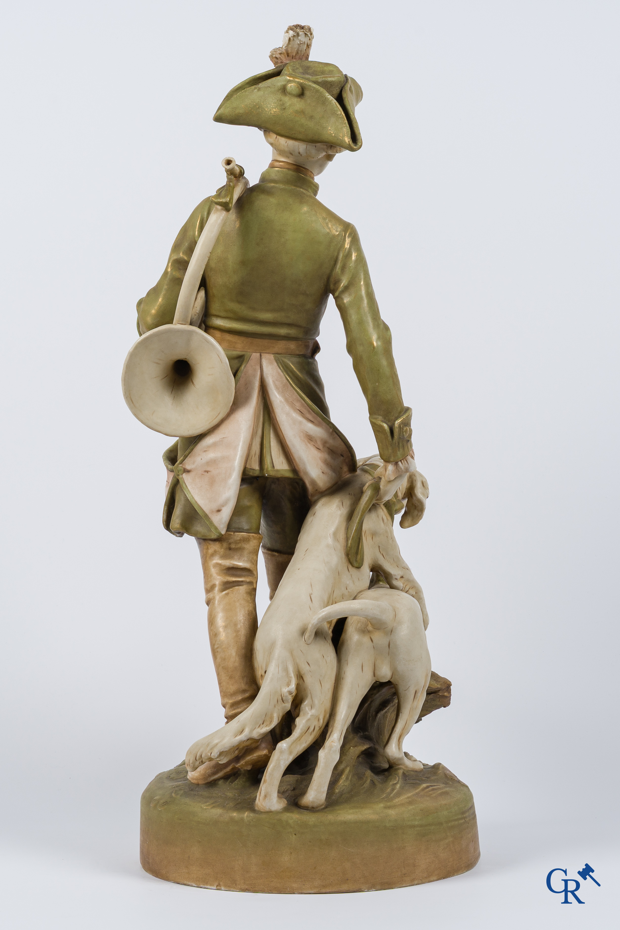 Royal Dux Bohemia. "Piqueur au Relais" Large polychrome group after the model by Hippolyte Moreau and Prosper Lecourtier.