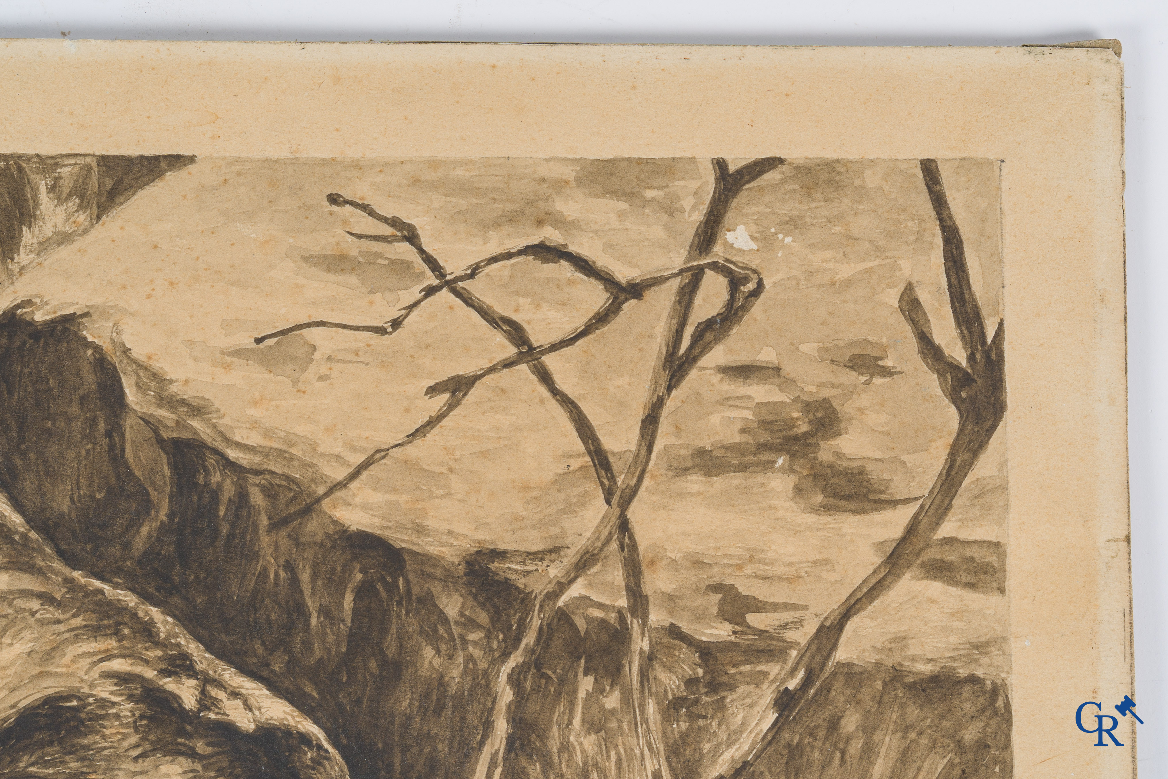 Jouve Paul (1878-1973) 2 leeuwen observeren hun prooi. Waterverf en potlood op tekenpapier. Gedateerd 1932.