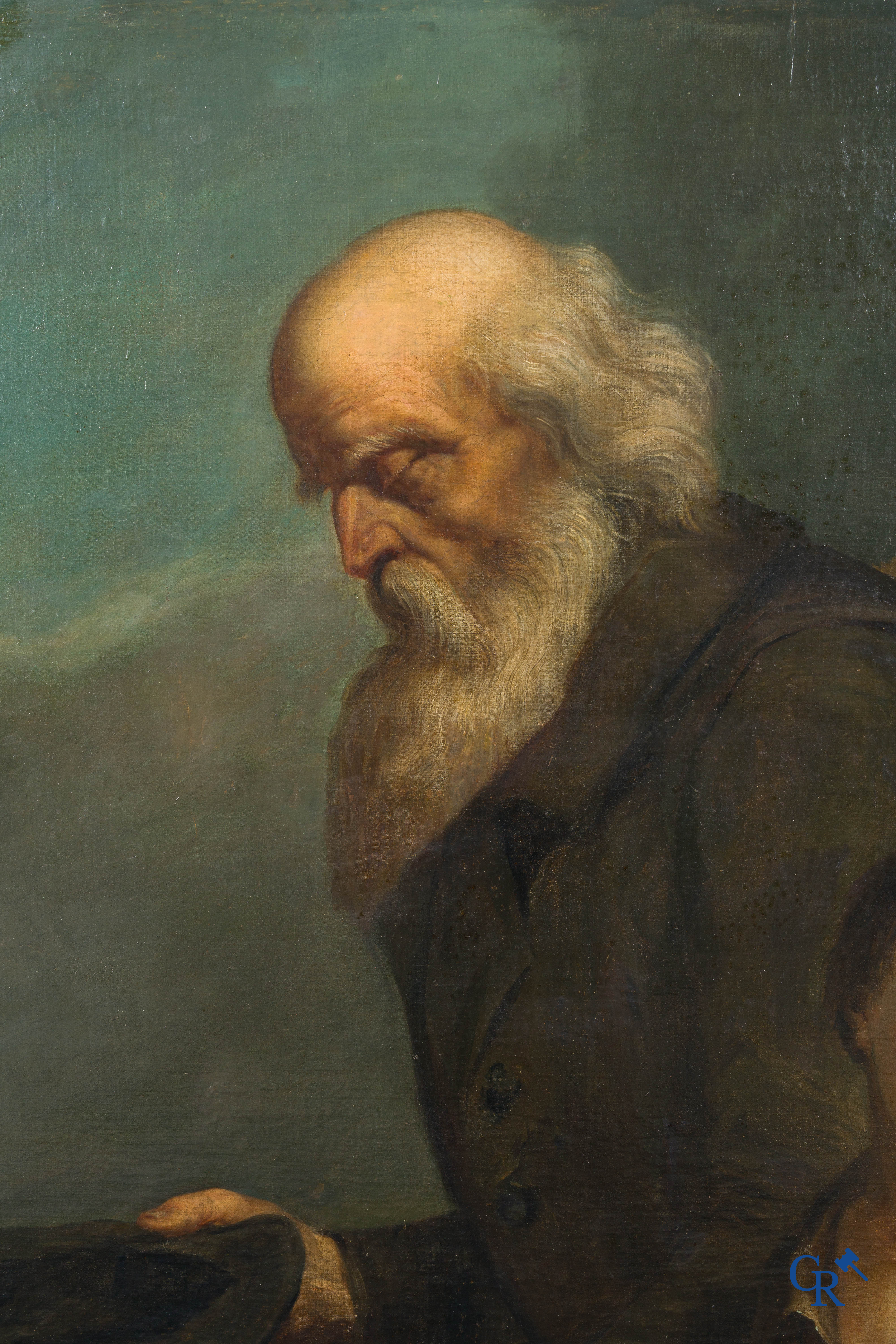 Edmond Dufour. Schilder uit Péronne, Frankrijk. De bedelaars. Schilderij, olie op doek in imposante vergulde lijst.