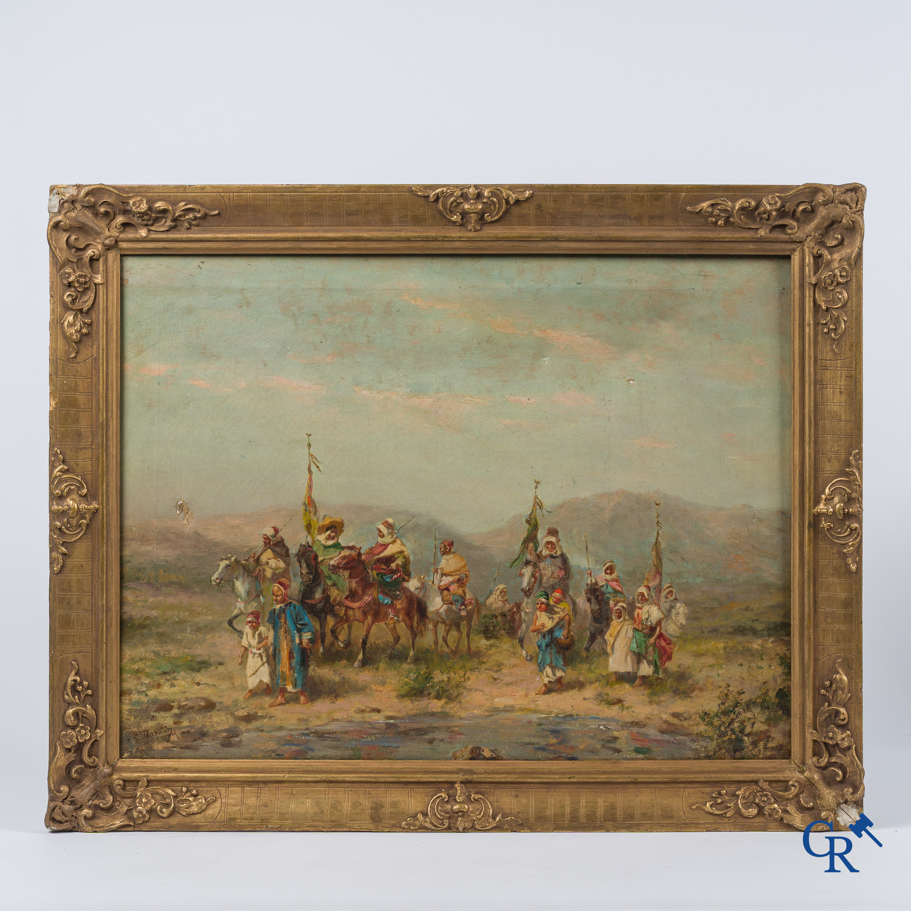 Painting. Oriental view with Arab riders and horses. Oil on canvas. Illegibly signed. 19th century.