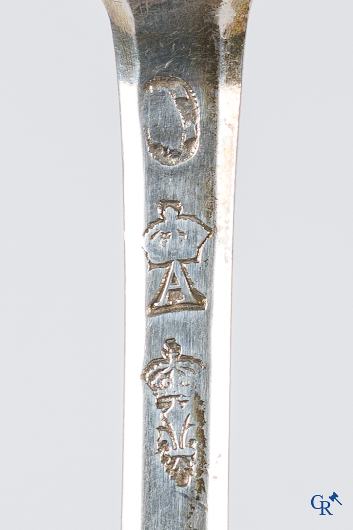 Silver. Very interesting and big lot with silver cutlery. 18th century. Different hallmarks. 20 forks and 15 spoons.